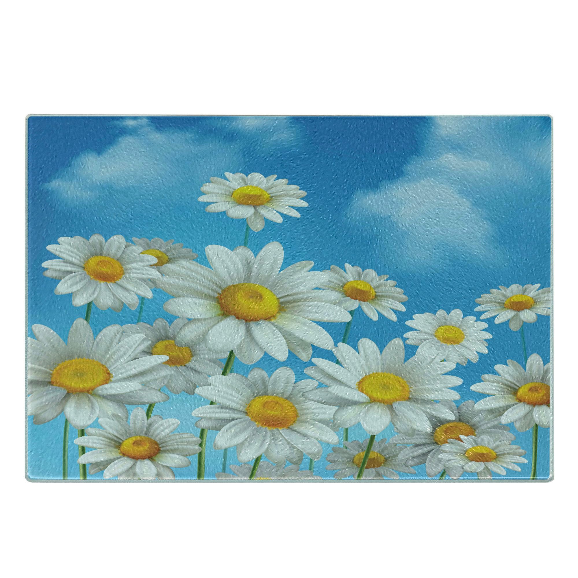 Lunarable Daisy Cutting Board - Blue Sunny Day Summer Sky Meadow Botanical Petals Design - Tempered Glass Decorative Serving & Cutting Board - Small Size Sky Blue Mustard - Perfect for Cheese Platters, Charcuterie & Kitchen Decor