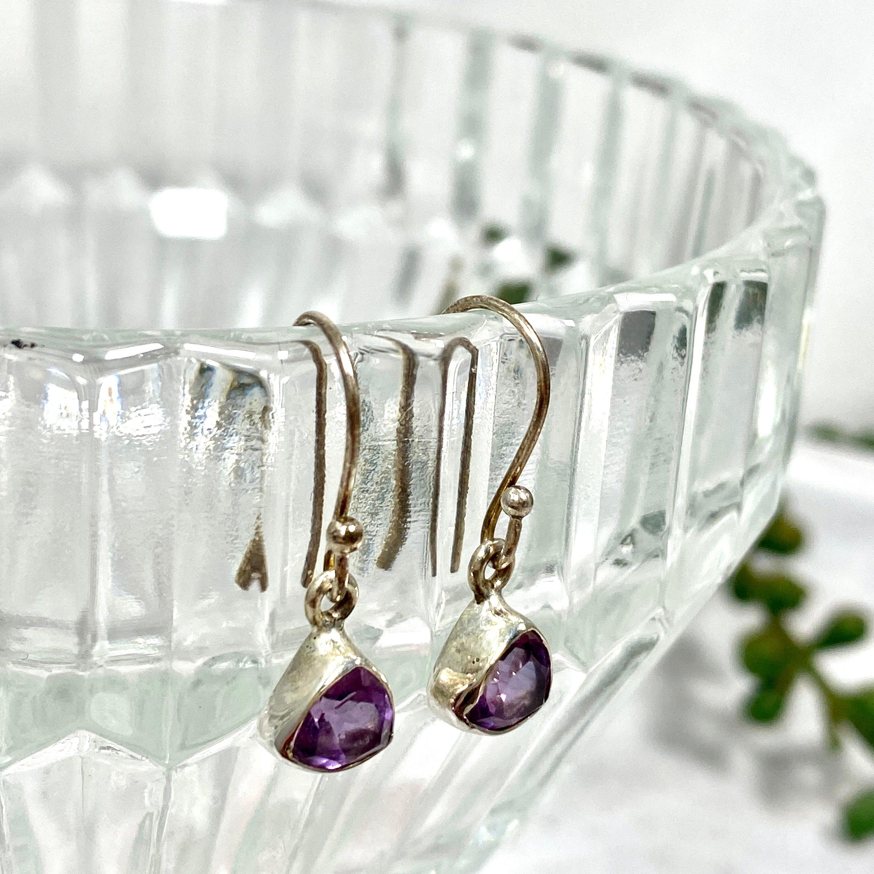 Amethyst Petite Triangular Faceted Earrings R2363 AMT - Elegant Purple Gemstone Jewelry for Women, Perfect for Parties, Weddings & Daily Wear