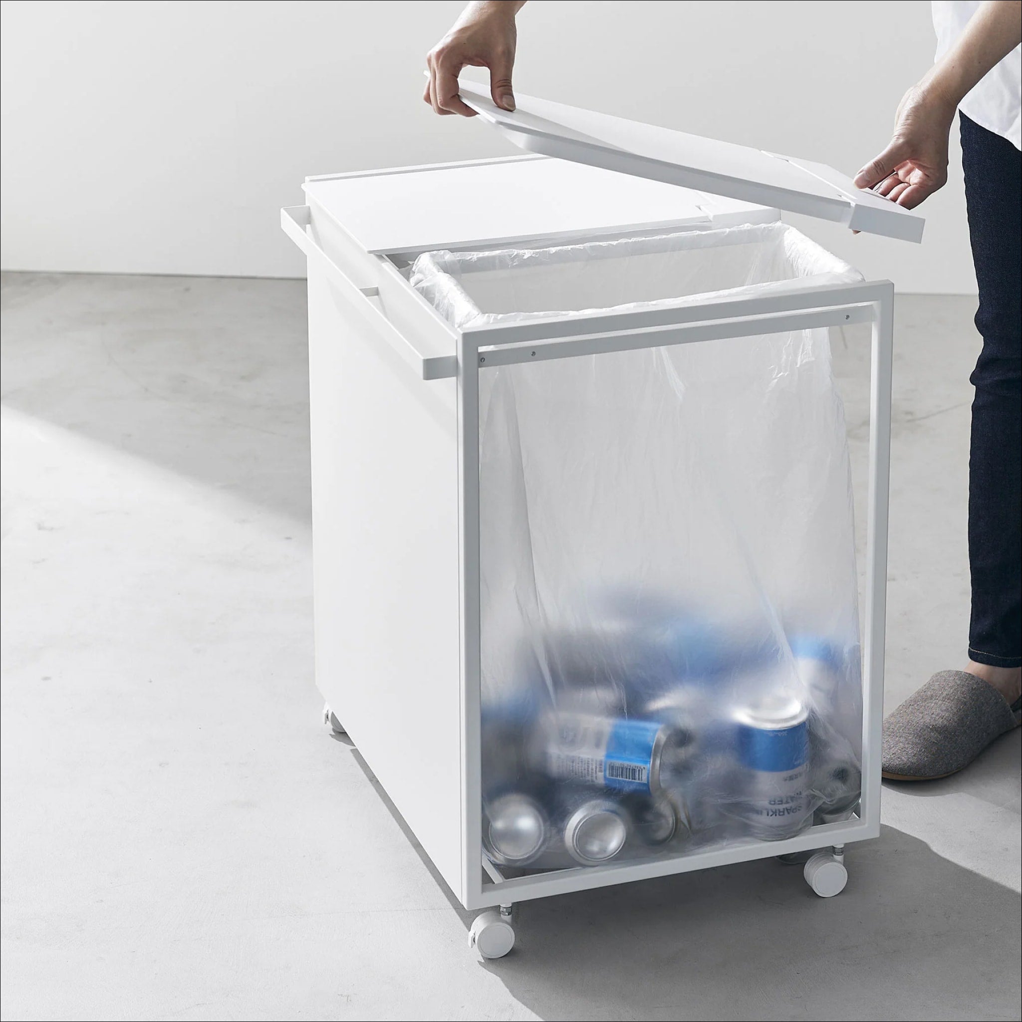 YAMAZAKI 2-Compartment Rolling Trash Can with Wheels - White | Space-Saving Recycling Bin for Kitchen, Office & Bathroom Organization