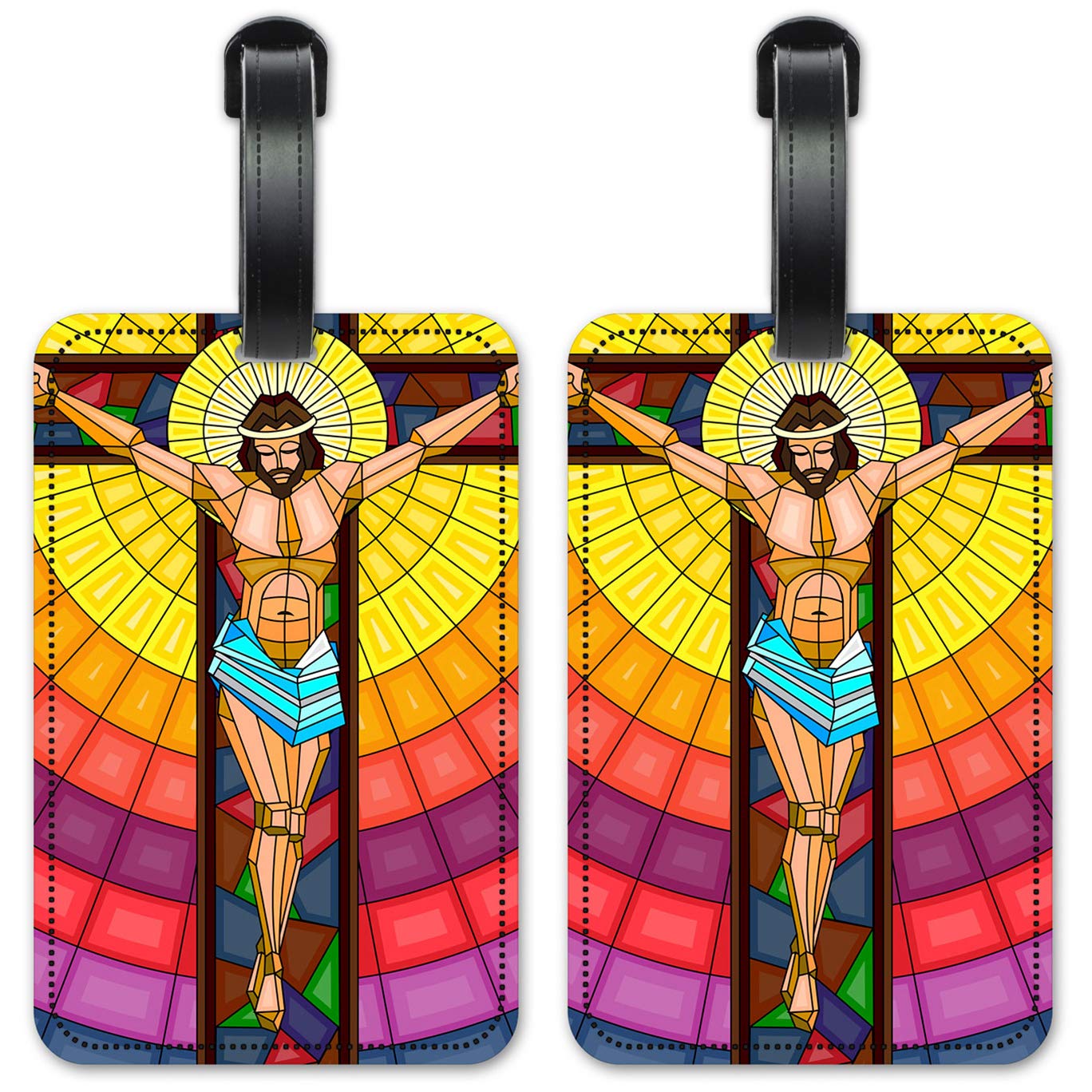 Jesus On Cross Stained Glass Luggage ID Tags - Set of 2 Religious Suitcase Identification Cards for Travel, Cruise & Airplane Baggage