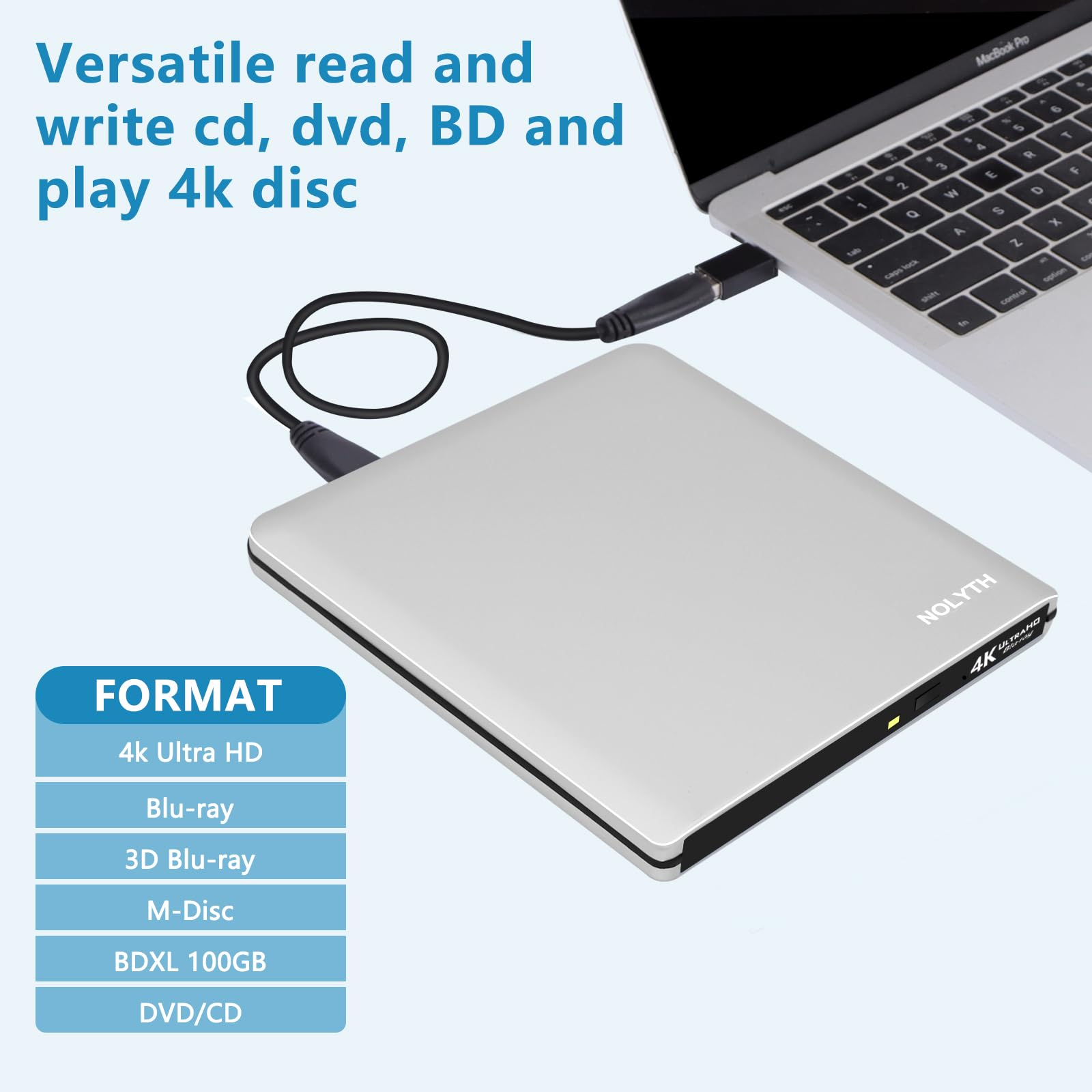 External USB 3.1 UHD 4K Blu-ray Burner Drive - Slim Portable BD/DVD/CD Writer with M-DISC & BDXL Support (Up to 100GB) - Compatible with Laptops, PCs & Mac - Perfect for Home Theater, Media Backup & Entertainment