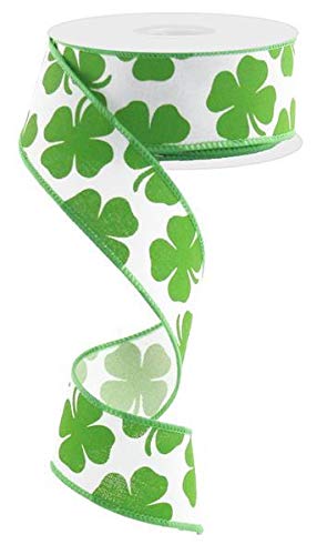 Shamrock Canvas Wired Edge Ribbon - 10 Yards (White, Kelly Green, 1.5 Inch) for DIY Crafts, Gift Wrapping, St. Patrick's Day Decorations