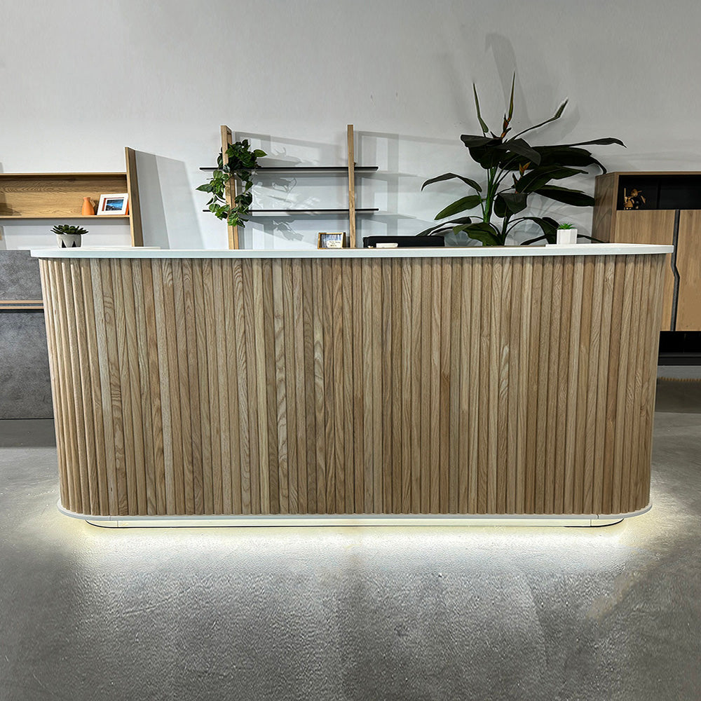 Premium HALO Reception Desk 240cm - Modern Oak & White Office Furniture for Corporate Lobby, Hotel Front Desk & Professional Workspaces