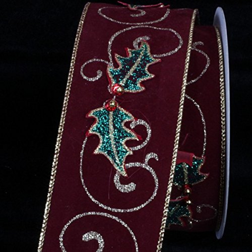 Burgundy Velvet Wired Craft Ribbon with Holly Leaf Applique - 2.5 Inch x 10 Yards for Christmas Gift Wrapping, DIY Decorations & Holiday Crafts