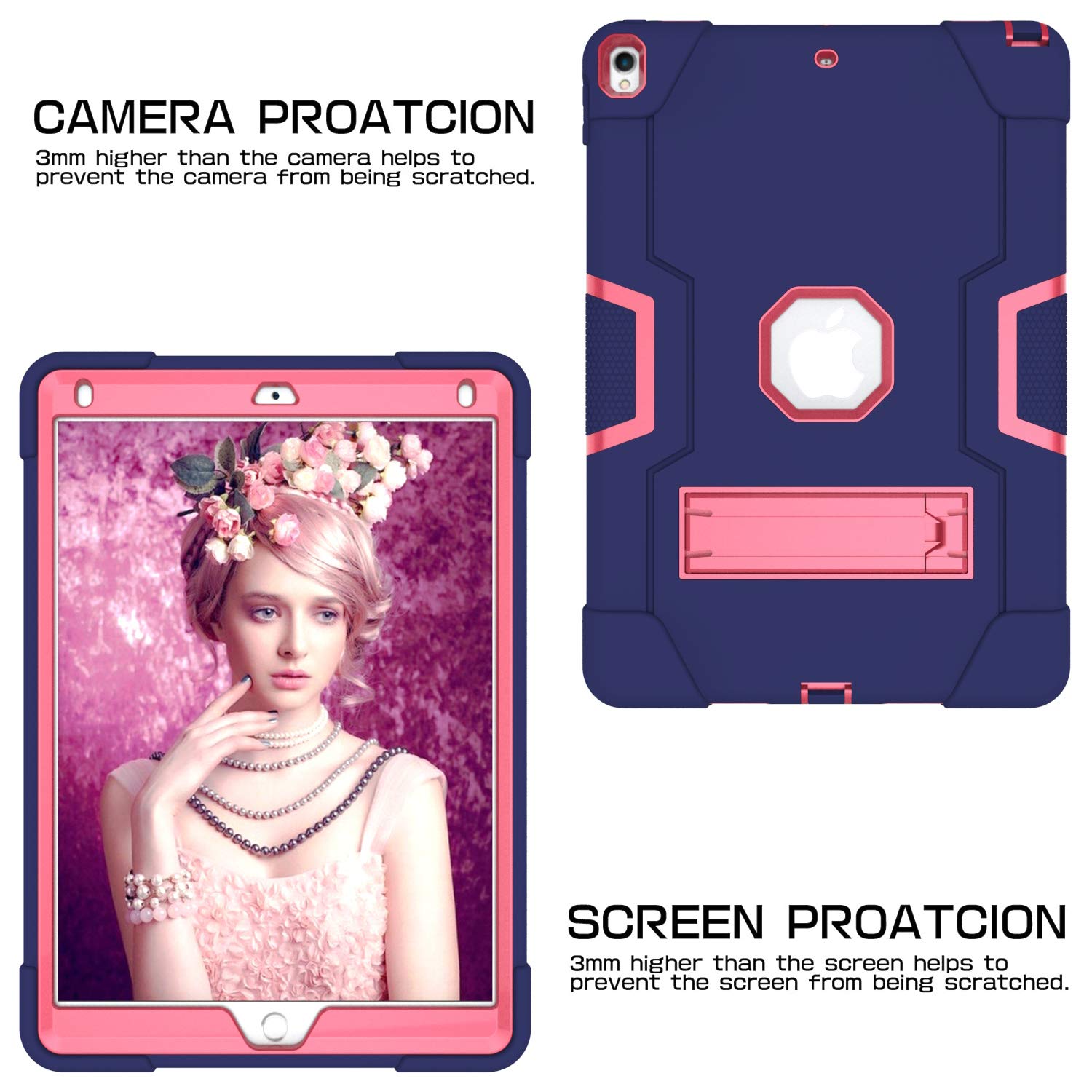 Premium 3-in-1 Hybrid Protective Case for iPad Air 3 & iPad Pro 10.5 Inch - Heavy Duty Rugged Stand Cover with Shockproof, Anti-Slip, Anti-Scratch Protection (Blue/Rose Red) - Perfect for Work, Travel & Outdoor Use