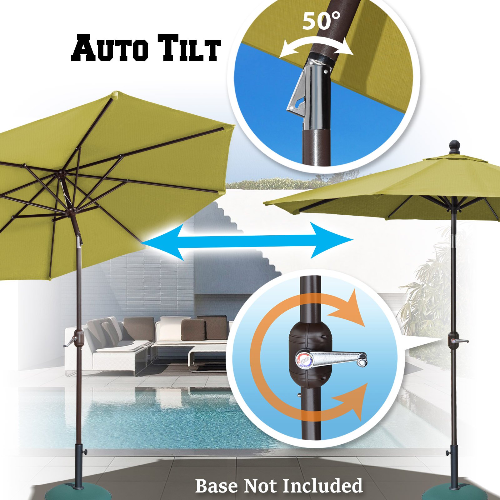 9 Ft Outdoor Patio Umbrella with Auto Tilt & Crank - Heavy Duty Aluminum Frame, 8 Ribs, Includes OLIFEN Cover (Green) - Perfect for Poolside, Backyard, and Outdoor Dining Areas