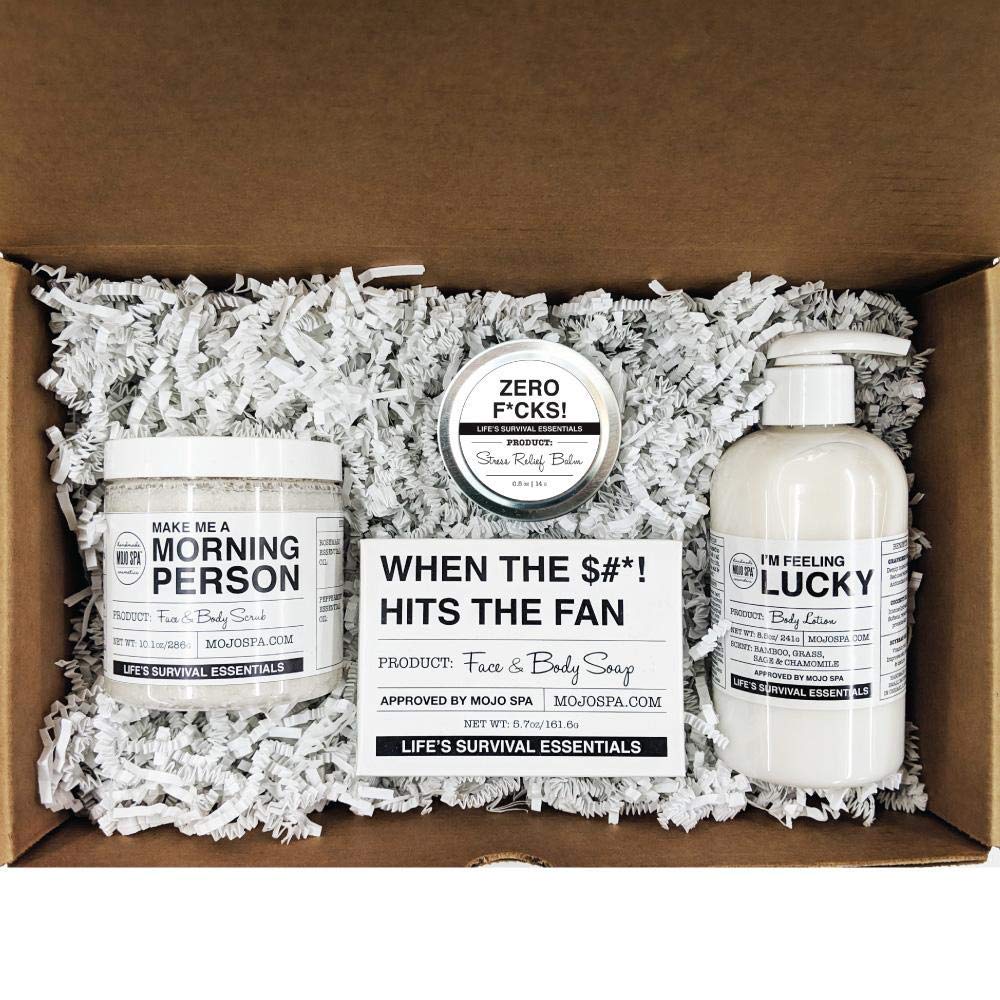 Mojo Spa Life's Survival Essentials Large Gift Set - 4 Handmade Natural Bath & Body Products: Face & Body Scrub, Lotion, Soap & Balm | Perfect for Self-Care, Spa Days & Thoughtful Gifting