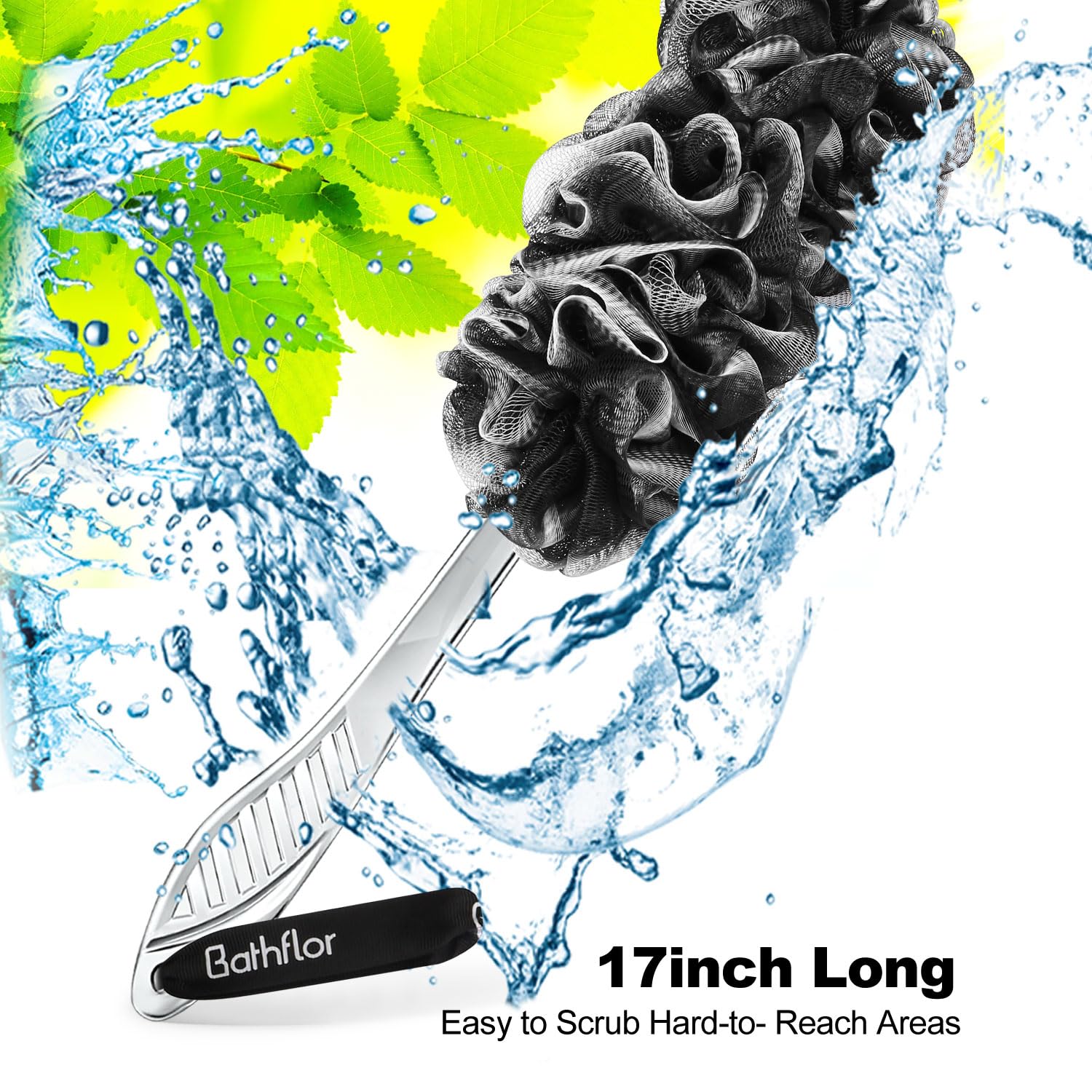 Premium Exfoliating Loofah Sponge Set - 4 Large 80g Shower Poufs + Back Scrubber with Long Handle + Luffa Hook - Charcoal Body Wash Scrub for Deep Cleansing - Perfect for Spa, Bath & Shower - Ideal Gift for Women & Men