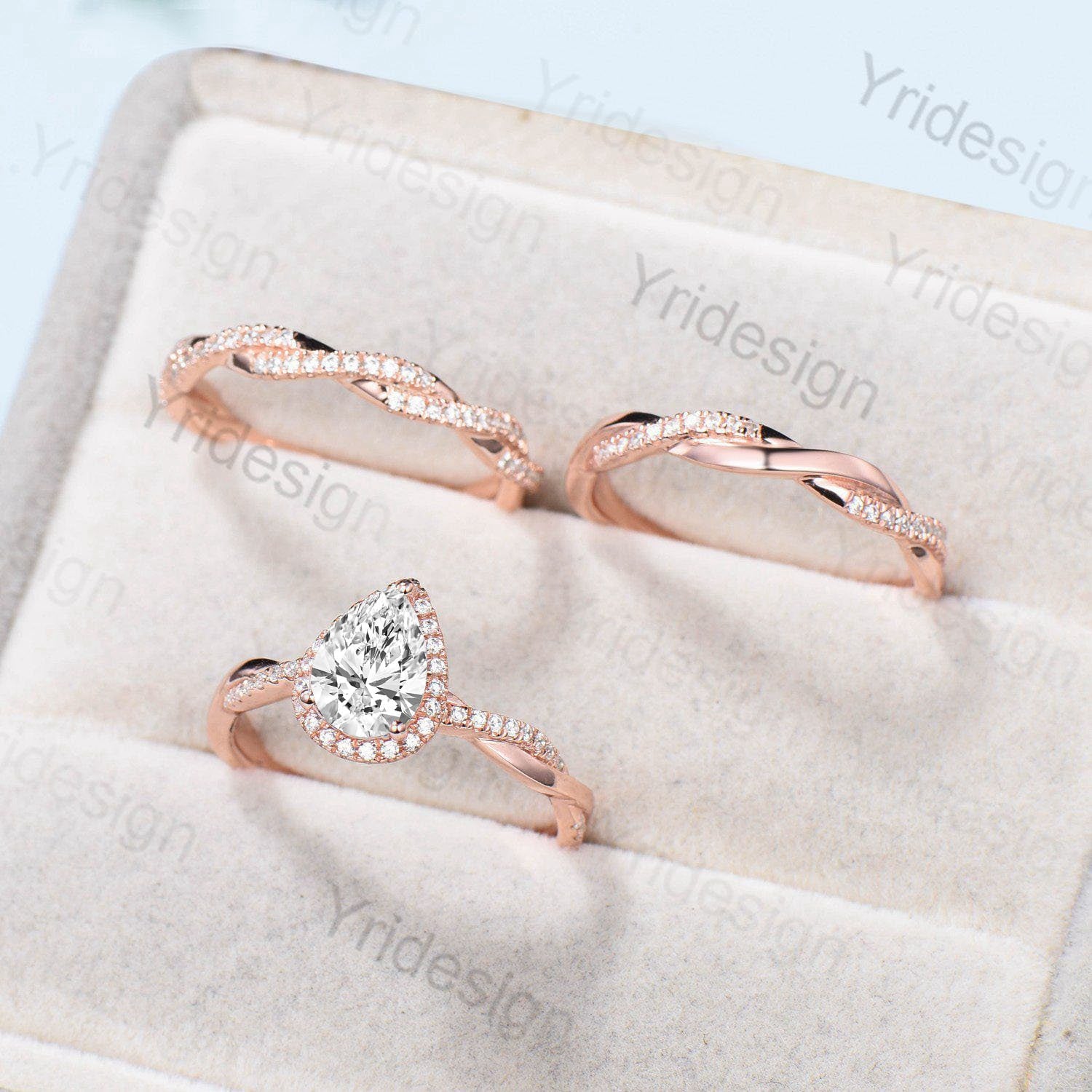 6x8mm Pear Shaped Lab Grown Diamond Ring Set - VVS2 D Color Twist Wedding Band & Full Eternity Stacking Ring for Engagement, Anniversary & Everyday Elegance