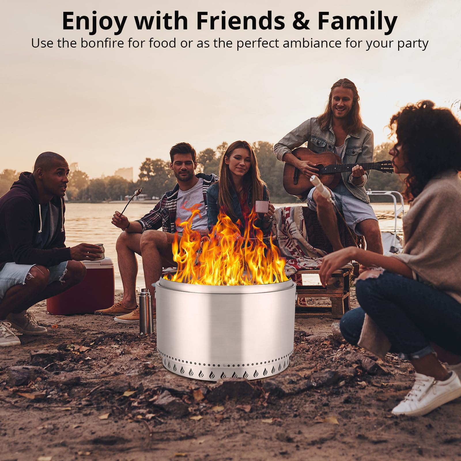 GARVEE 32 Inch Smokeless Fire Pit - 304 Stainless Steel Wood Burning Fire Pit with Removable Ash Pan, Round Bottom Design & Flame Cutout (Includes Handles) - Portable Outdoor Fire Pit for Camping, Backyard, Patio, Garden - Perfect for S'mores, Bonfires & Outdoor Gatherings