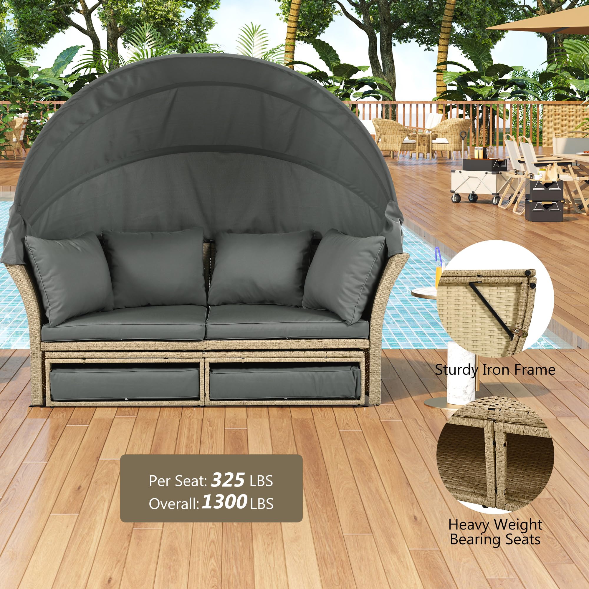 Merax Outdoor Patio Wicker Rattan Double Daybed Round Sofa Set with Retractable Canopy & 4 Pillows - Grey - Perfect for Garden, Backyard, Porch, Poolside Relaxation & Sunbathing