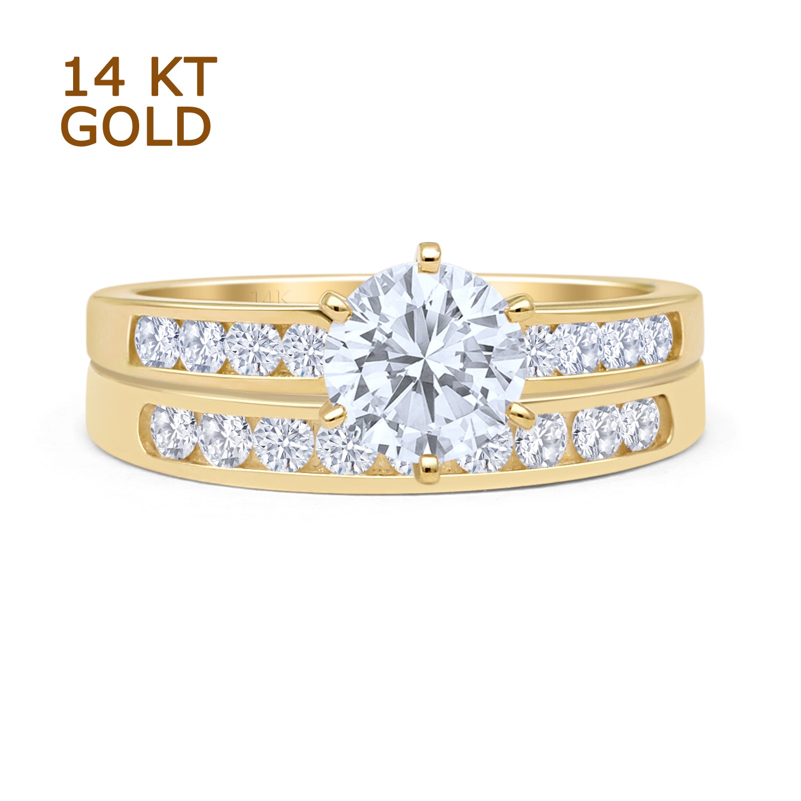 14K Yellow Gold Two Piece Half Eternity Band Round Moissanite Cathedral Ring for Wedding, Engagement, Anniversary Gift - Stackable Bridal Jewelry Set