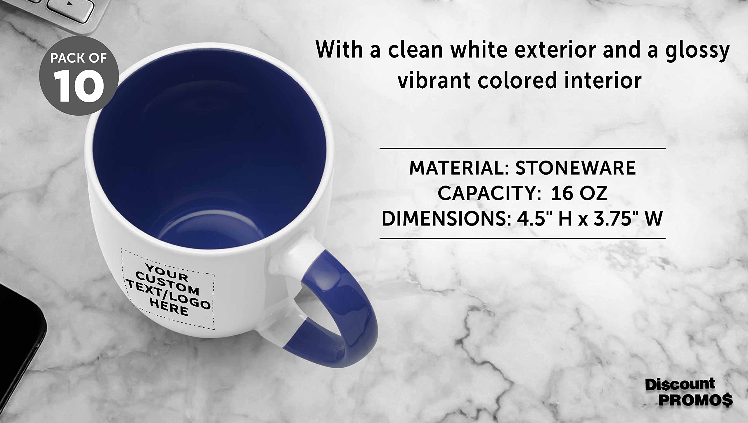 Custom Bistro Style 16 oz Large Coffee Mugs - Set of 10 Bulk Pack for Coffee, Tea, Espresso & Hot Cocoa - Personalized Cobalt Blue Drinkware - Perfect for Restaurants, Cafes & Home Use