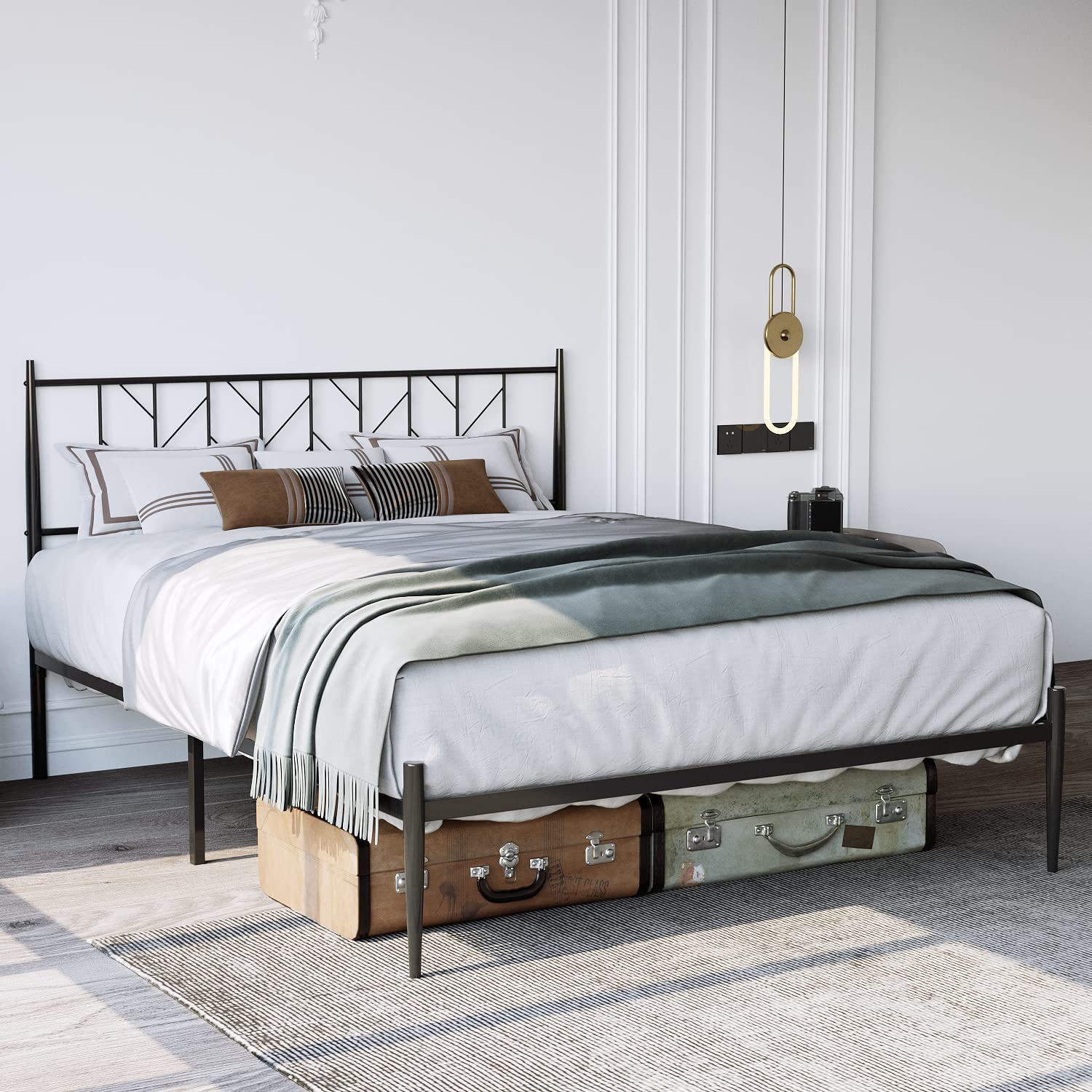 Sturdy Full Size Bed Frame with Steel Slats - Vintage Headboard Platform Bed, No Box Spring Required | Underbed Storage Space | Silent & Modern Black Bedroom Furniture for Adults, Guest Rooms & Small Apartments