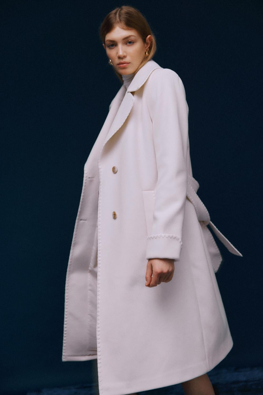 Leah Women's Embroidered Detail Long Coat - Birch Color with Crochet Trim | Perfect for Fall Layering, Boho Chic Outfits & Casual Winter Fashion