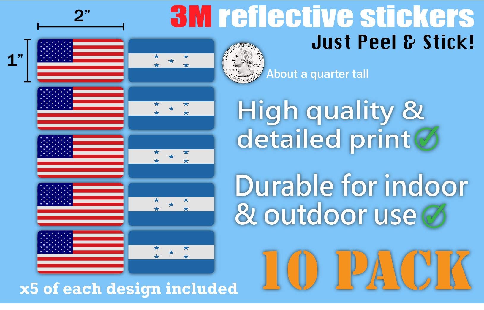 10-Pack 3M Reflective Honduras & USA Flag Stickers - High Visibility Safety Decals for Hard Hats, Helmets, Bikes, Toolboxes & Laptops | Perfect for Construction Workers, Cyclists & Outdoor Enthusiasts
