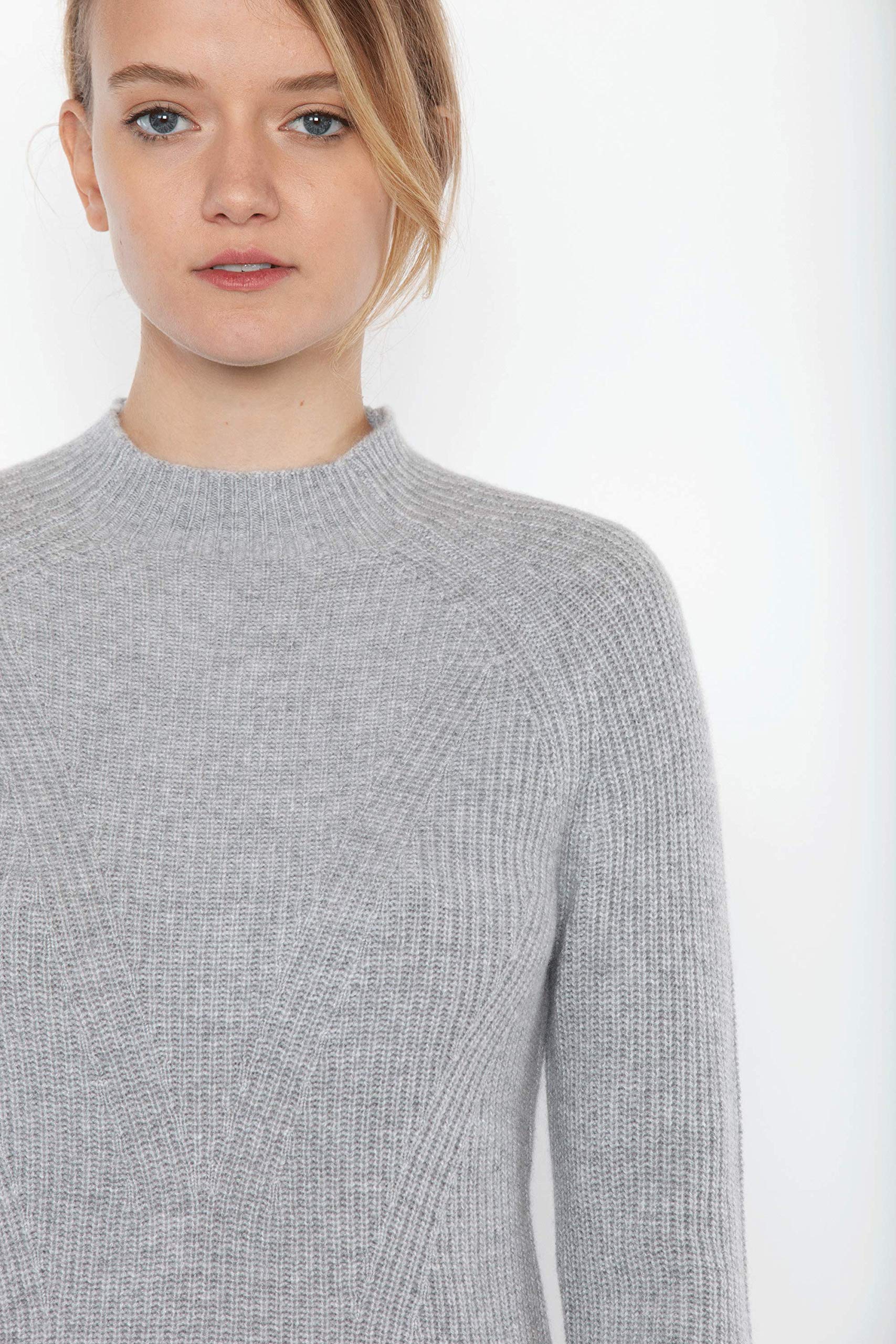 JENNIE LIU Women's 100% Pure Cashmere Chunky Rib Funnel Neck Long Sleeve Sweater - Soft Winter Warm Pullover for Office, Date Night & Holiday Outfits