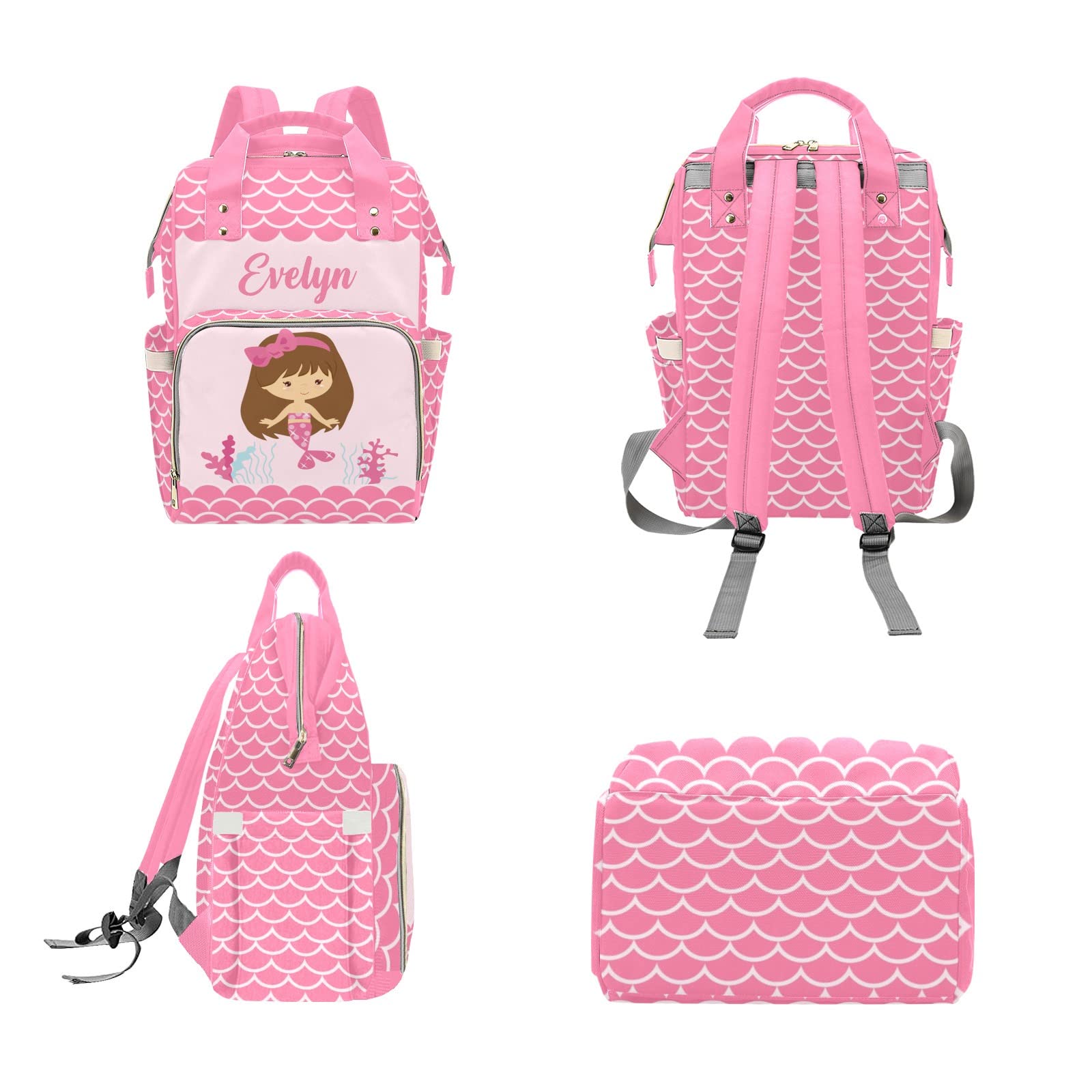 Custom Mermaid Pink Diaper Bag Backpack Tote - Personalized Baby Shower Gift for Moms, Waterproof & Spacious for Travel, Daycare & Outings