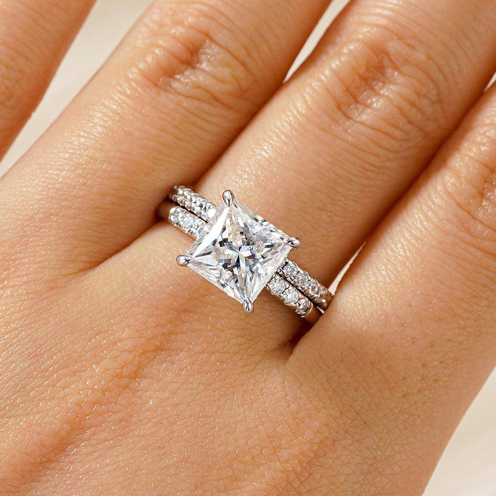 Princess Cut Hidden Halo Moissanite Engagement Ring Set with Matching Men's Wedding Band - Perfect for Proposals, Anniversaries & Couple's Jewelry Gifts
