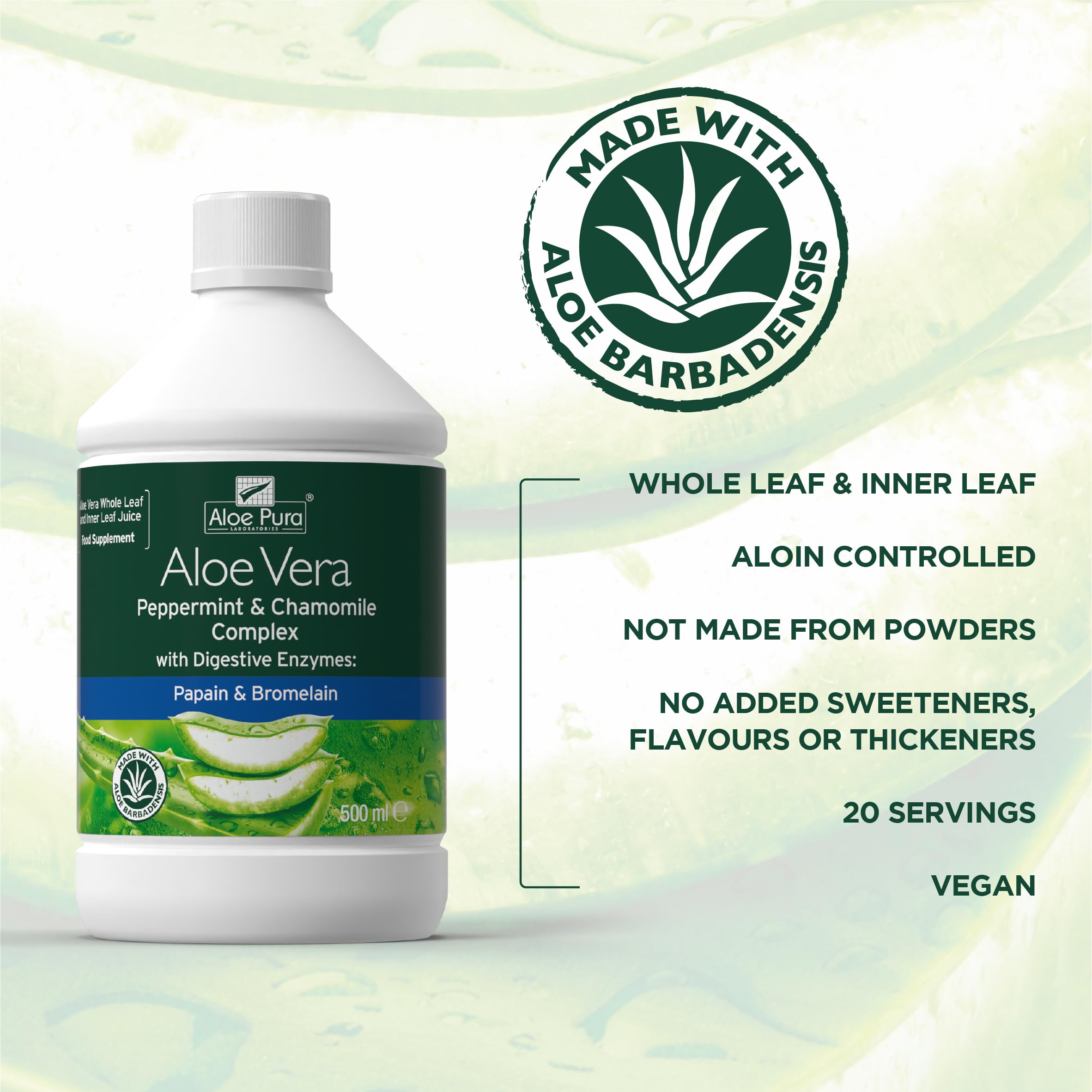 Aloe Vera Juice with Peppermint & Chamomile - Natural Digestive Support, Vegan & Cruelty-Free, 500ml - Contains Papain & Bromelain Enzymes - Perfect for Gut Health & Daily Wellness