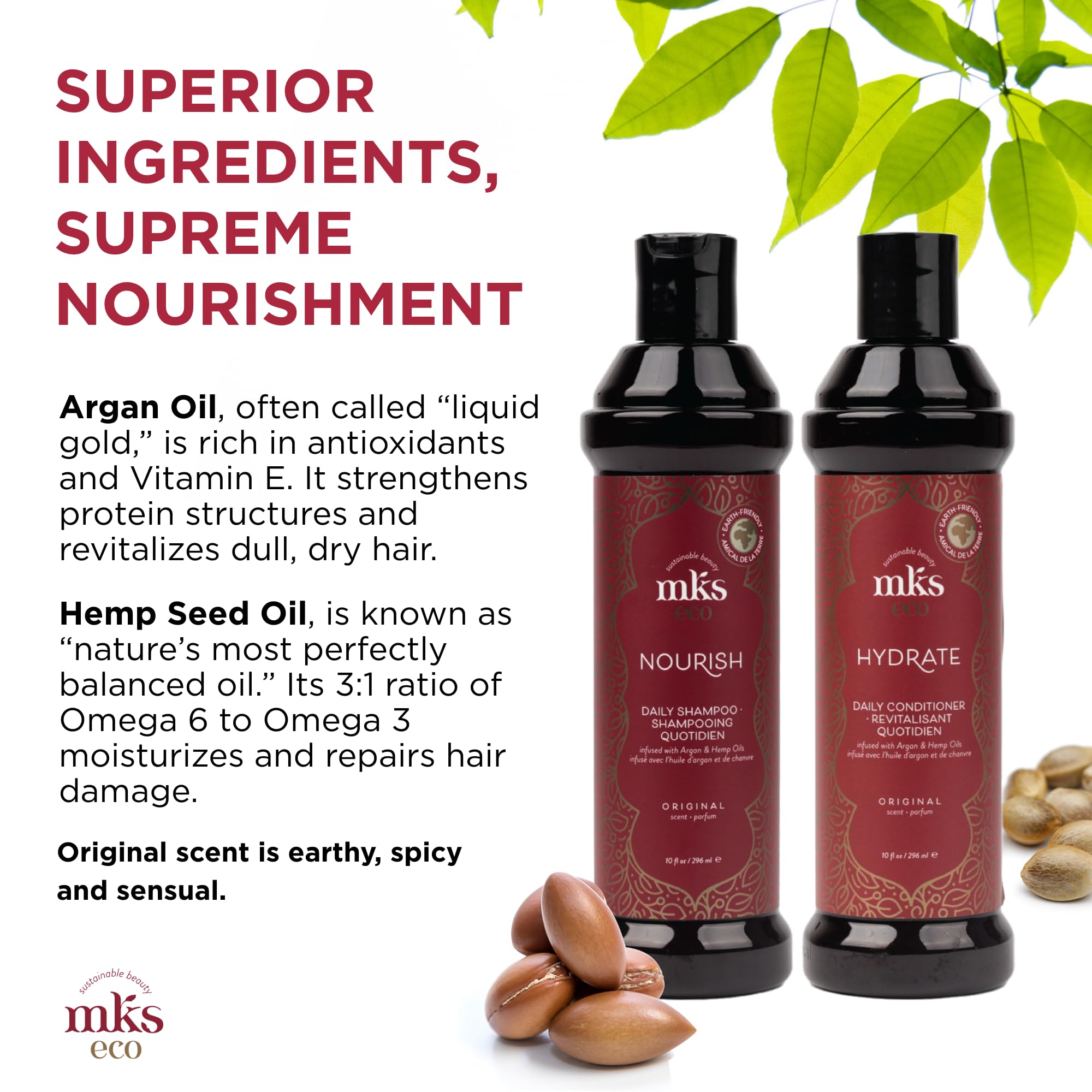 MKS Eco Nourish Shampoo & Hydrate Conditioner Set with Moroccan Argan Oil & Hemp Seed (10 fl oz Each) - Vegan, Cruelty-Free Hair Care for Dry, Damaged Hair - Perfect for Daily Use & Salon-Quality Results at Home