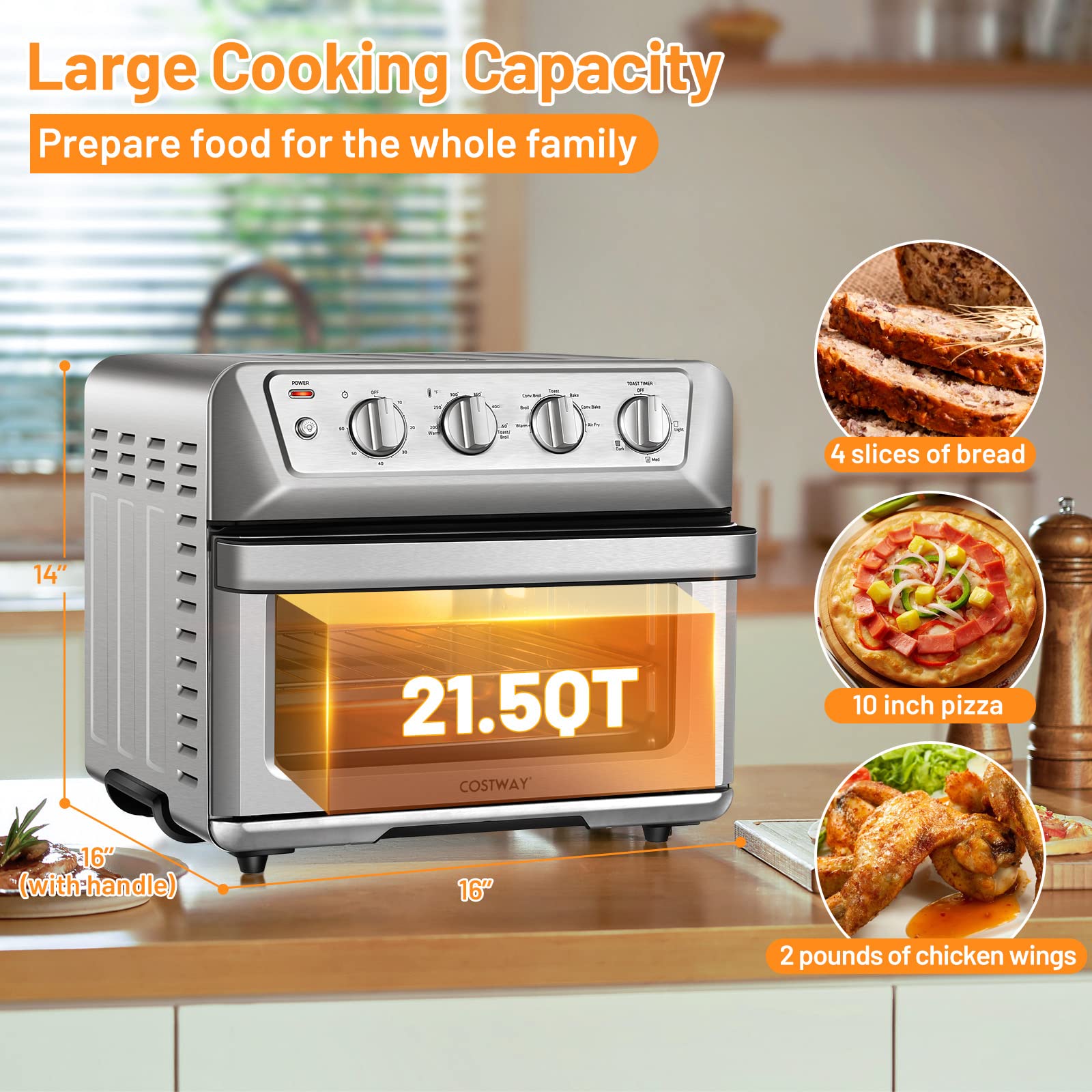 COSTWAY 7-in-1 Air Fryer Toaster Oven Combo, 1800W 21.5QT Countertop Convection Oven with Auto Shut-Off, Timer & Accessories - Bake, Broil, Toast, Roast, Reheat - Perfect for Small Kitchens, Dorms, Apartments & Healthy Cooking