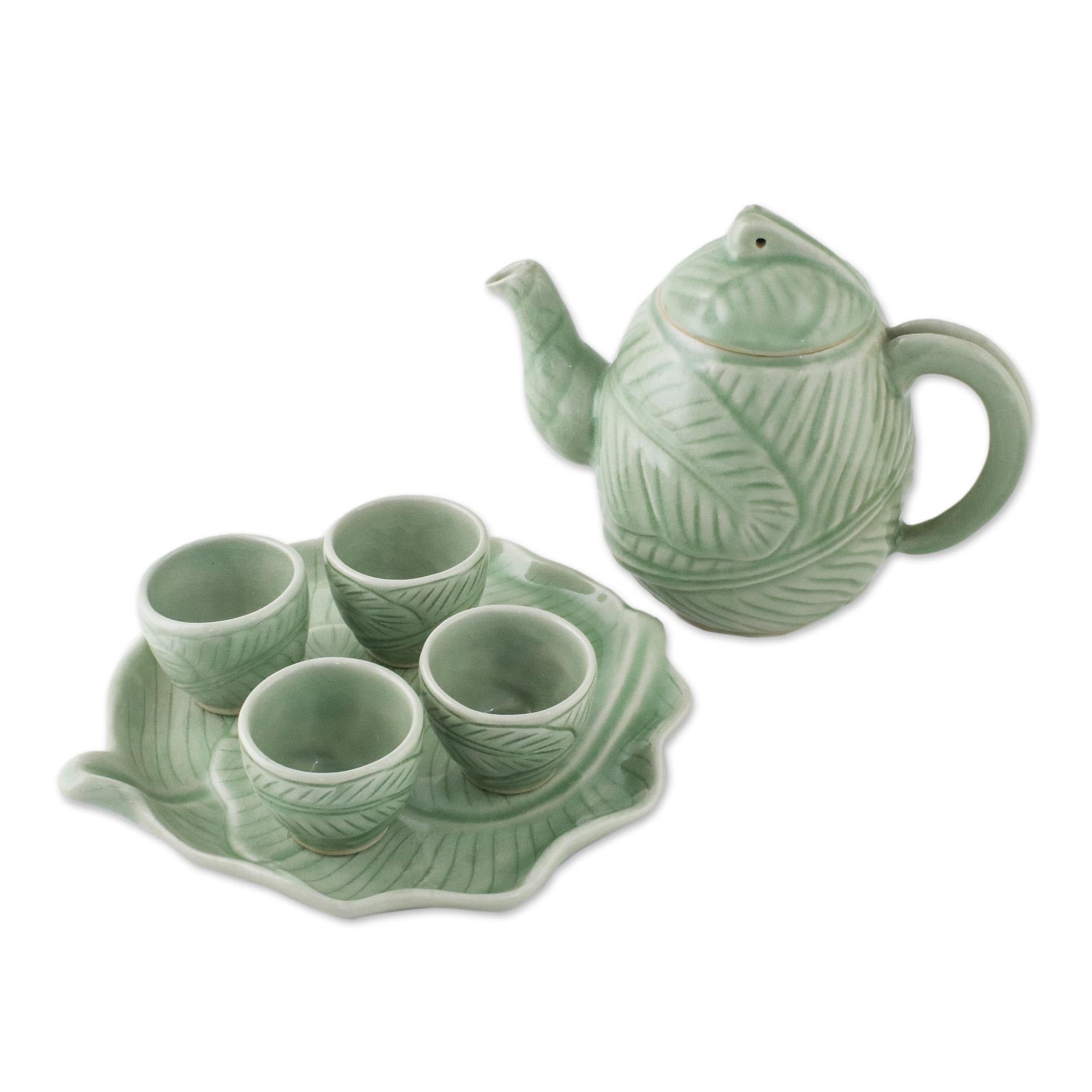 NOVICA Handcrafted Green Celadon Ceramic Tea Set with Leaf & Tree Design - 1 Oz, 'Peaceful Islands' (4-Piece Set) | Perfect for Afternoon Tea, Zen Meditation & Asian-Inspired Home Decor