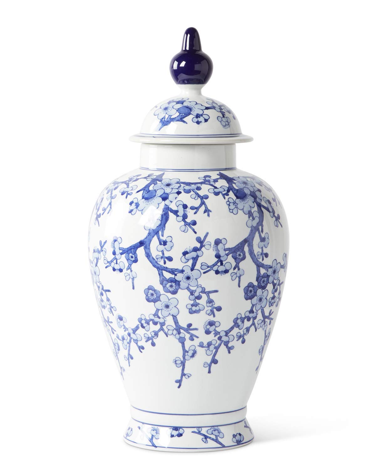K&K Interiors 15299D 24 Inch Blue and White Porcelain Chinoiserie Lidded Ginger Jar - Elegant Home Decor for Living Room, Bedroom & Office