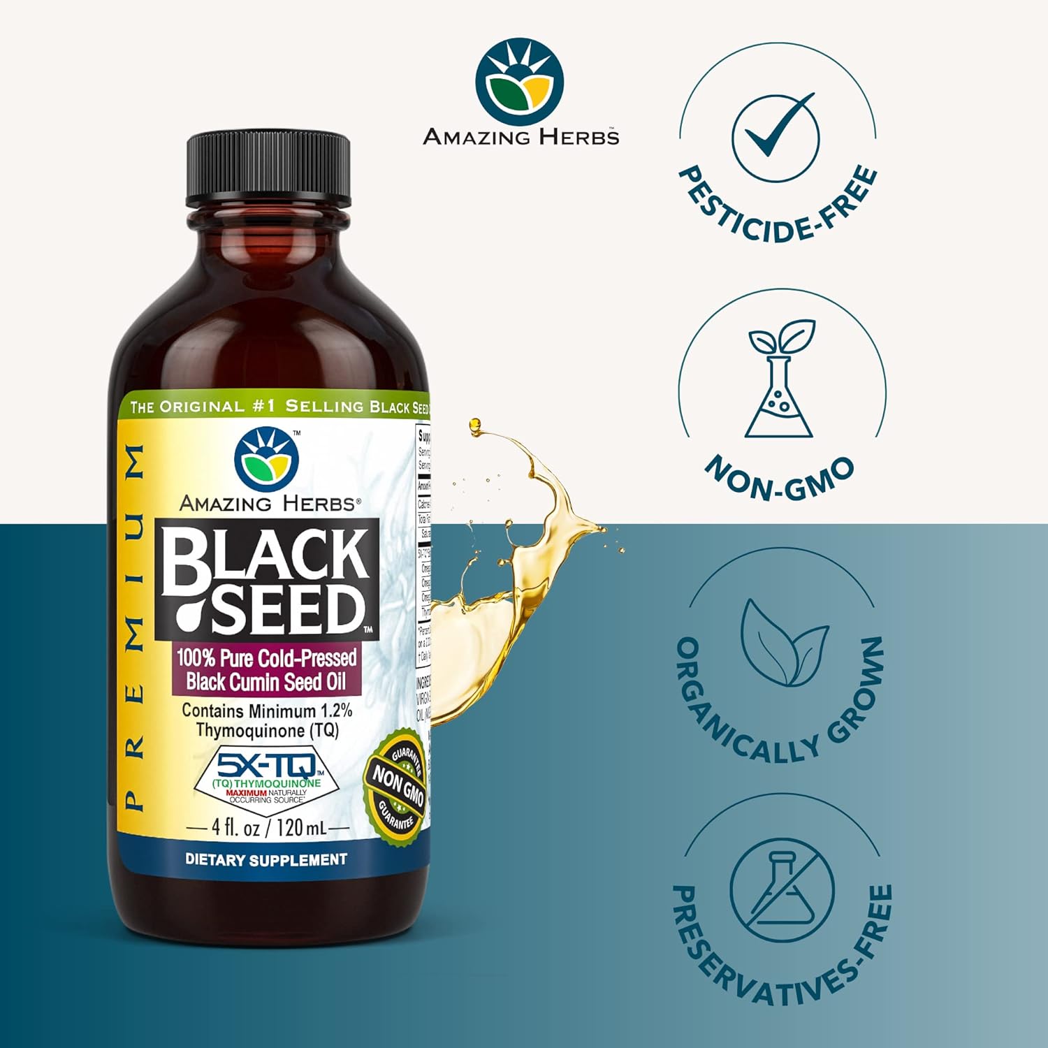 Amazing Herbs Premium Black Seed Oil - Cold Pressed, 100% Pure, Organic Nigella Sativa Oil for Immune Support, Skin & Hair Care - Perfect for Daily Wellness & Natural Remedies