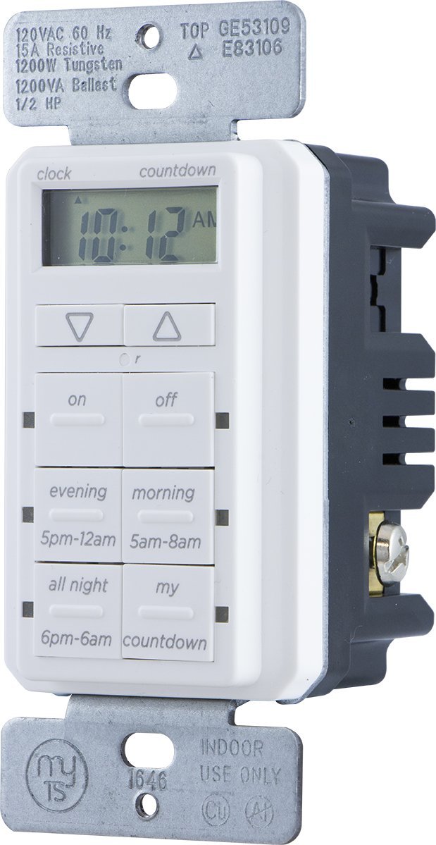myTouchSmart In-Wall Digital Countdown Timer - 2 Easy On/Off Buttons, 3 Daily Presets, Custom Countdown Mode with Blue LED Indicators & Battery Backup - Perfect for Indoor/Outdoor Lights, Fans, Holiday Decorations & Home Automation (Model 25055, White)