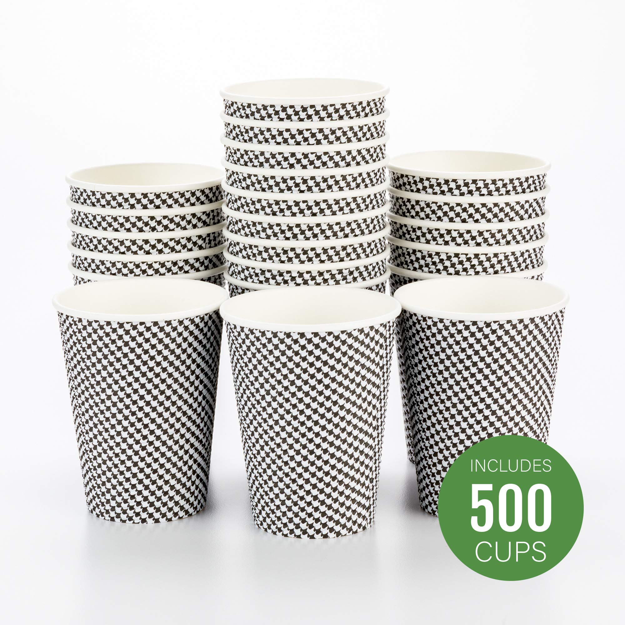 Restaurantware 12oz Disposable Coffee Cups - 500 Pack Spiral Wall Hot Paper Cups with Houndstooth Print for Coffee, Tea & Beverages | Insulated Design, Rolled Rim (Lids Sold Separately) | Perfect for Cafés, Offices & Catering Events