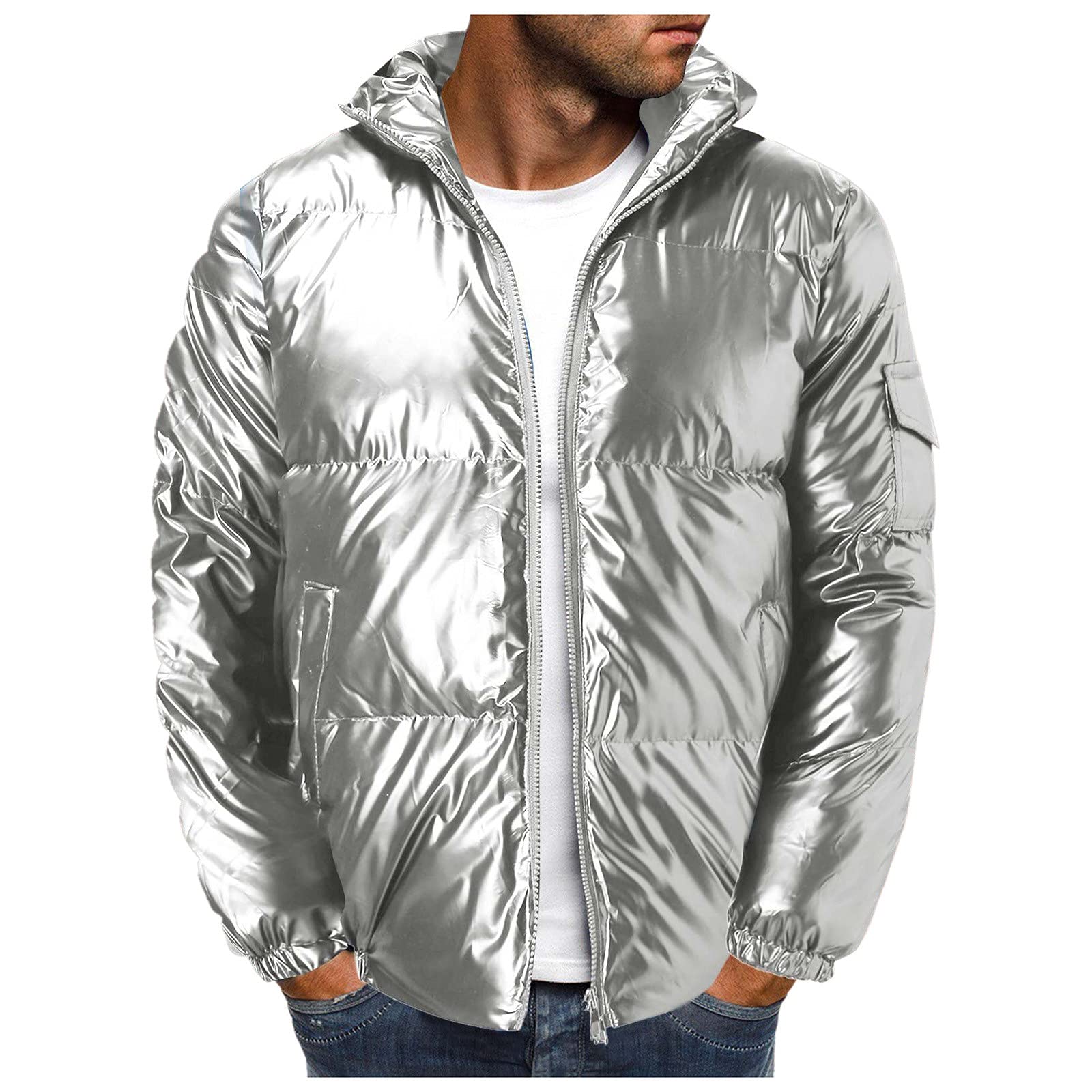 Men's Reflective Stand-Up Collar Thick Loose Cotton Down Jacket - Winter Warm Coat for Outdoor Activities & Casual Wear