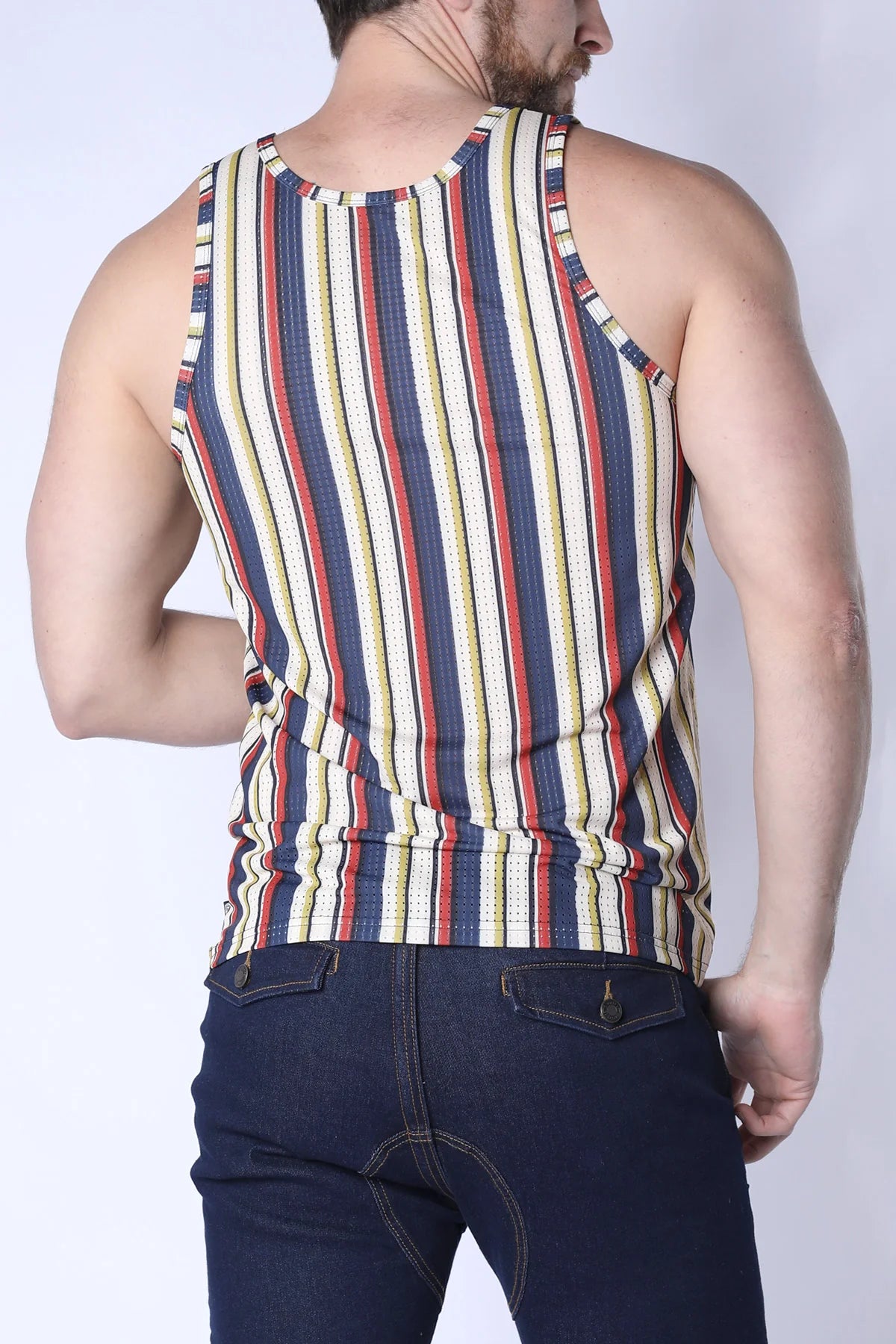 Timoteo Balboa Mesh Tank Top for Men - Navy & Tan Striped Breathable Summer Shirt for Casual Wear, Gym, and Beach Outfits
