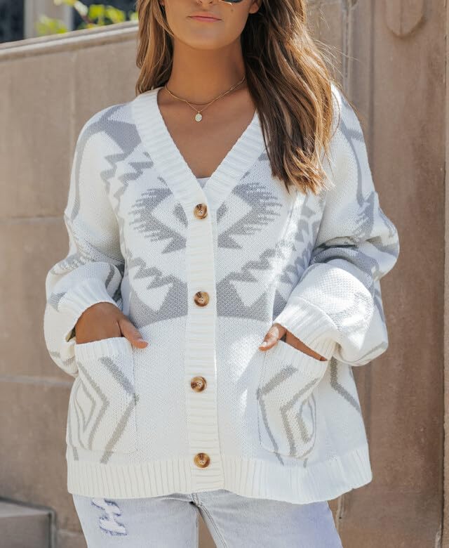 Women's Aztec Print Button Down Cardigan Sweater - Long Sleeve V Neck Knit Cardigan with Pockets | Boho Chic Style for Casual Wear, Office Outfits & Fall Layering