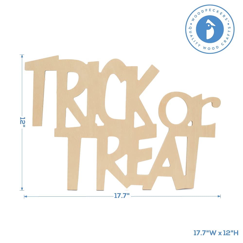 Wood Trick-or-Treat Cutouts 17.7 x 12 Inch - Pack of 12 Unfinished Wooden Halloween Craft Cutouts for DIY Decor, Door Hangers, and Holiday Projects - Perfect for Halloween Party Decorations, Classroom Activities, and Home Crafting