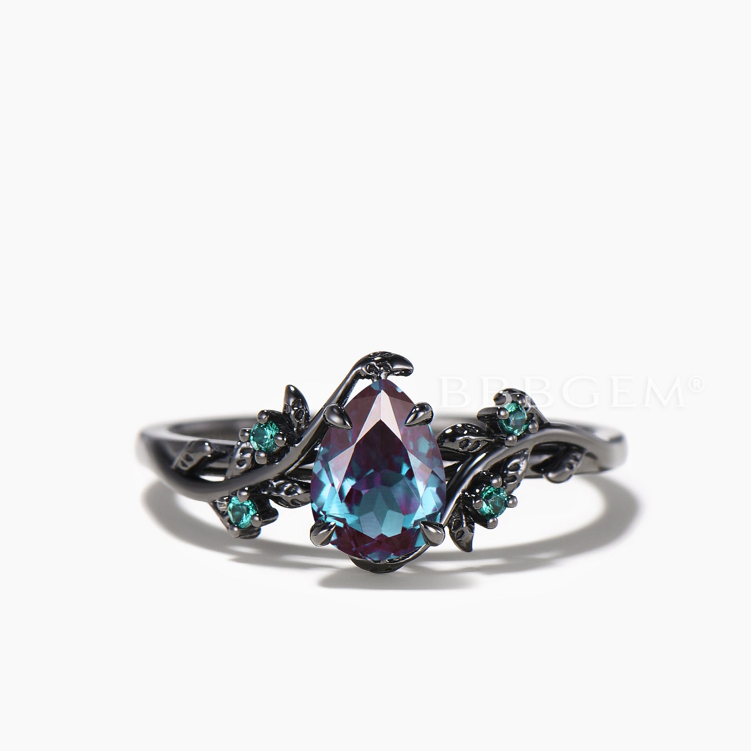 Teardrop Cut Color-Changing Alexandrite Leaf Ring with Emerald Accents in Black Gold Bridal Set – Perfect for Engagement, Wedding & Anniversary Gifts