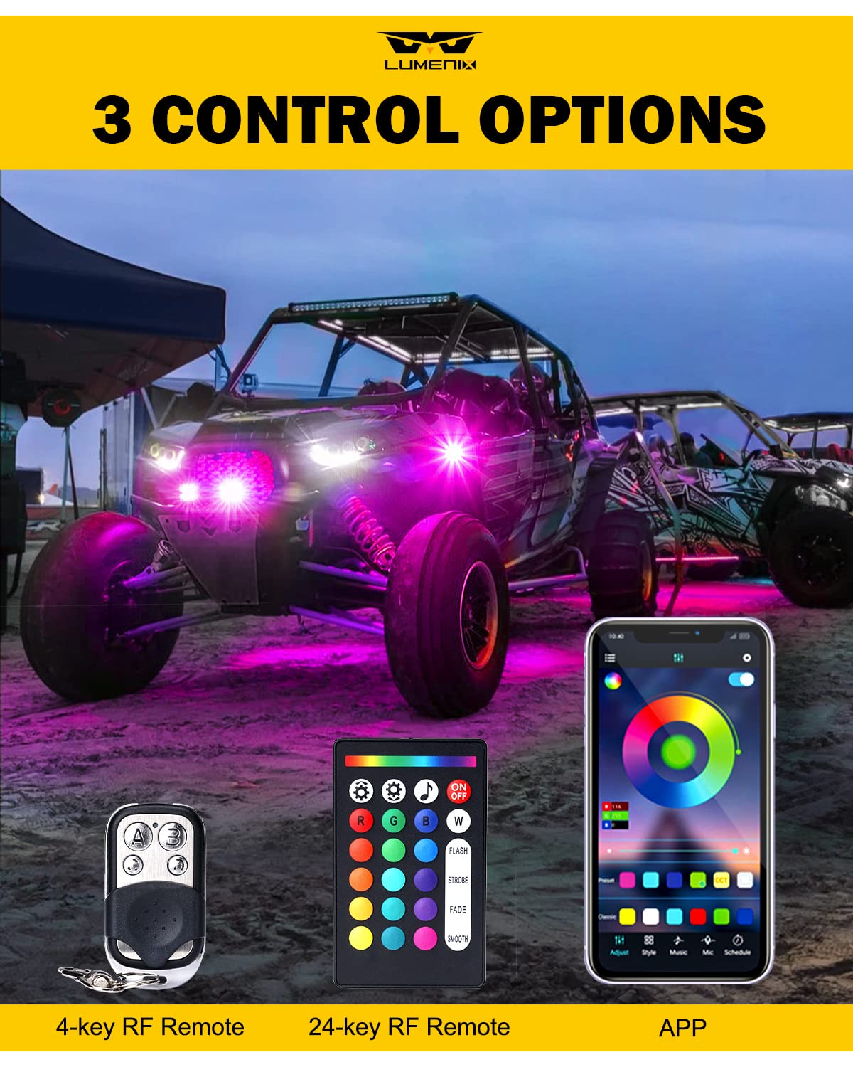 LUMENIX RGB LED Rock Lights Kit - Bluetooth Multicolor Wheel Well & Footwell Underglow Neon Lights with Remote Control - Wide Angle Rock Lights for Off-Road Trucks, SUVs, UTVs, RZRs, ATVs & Motorcycles (8 Pods) - Perfect for Night Rides, Car Shows & Off-Road Adventures