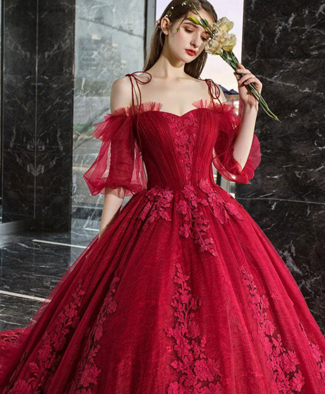 Elegant Burgundy Sweetheart Neckline Tulle Lace Long Evening Gown for Women - Perfect for Prom, Wedding Guest, and Formal Events