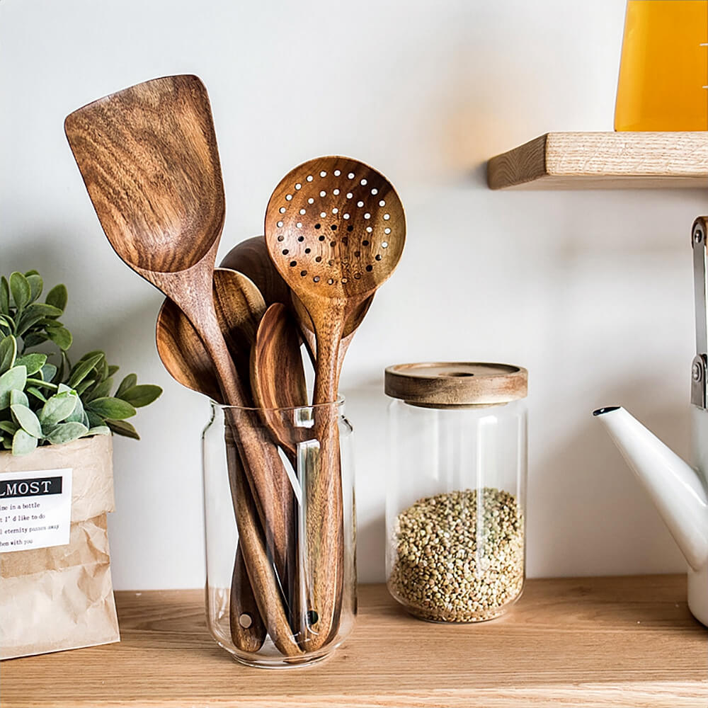 Premium 7-Piece Hazel Wooden Cooking Utensil Set - Natural Wood Kitchen Tools for Non-Stick Cookware, Baking & Healthy Cooking - Ideal for Home Chefs & Eco-Friendly Kitchens