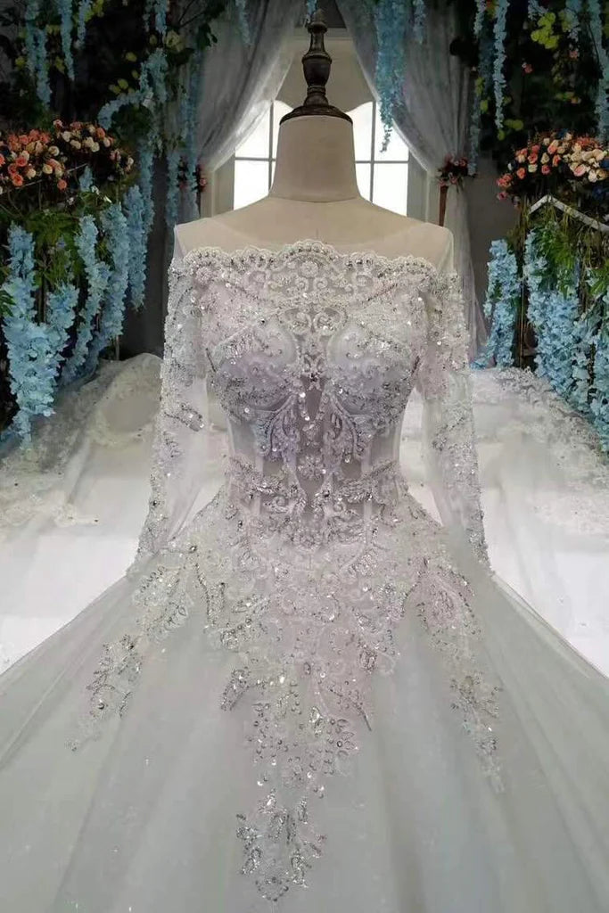 Elegant Off-The-Shoulder Rhinestone Lace Wedding Dress with Long Sleeves & Royal Train - Perfect for Bridal Gowns, Formal Events & Princess-Themed Weddings