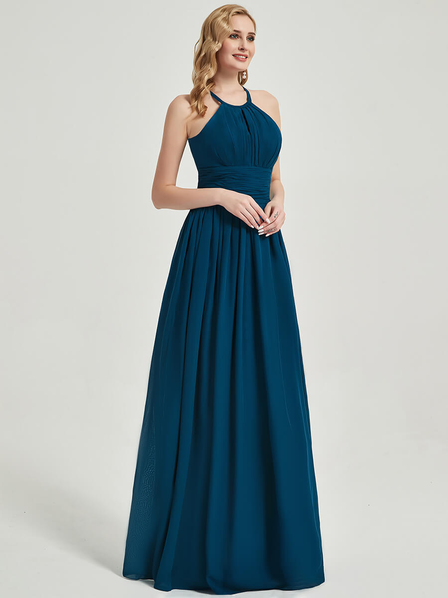Elegant Dark Navy Pleated Halter Neck Sleeveless Maxi Chiffon Bridesmaid Dress for Wedding Party, Formal Events & Evening Occasions