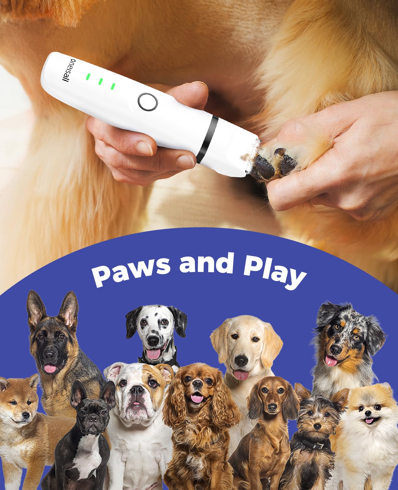 Oneisall 4-in-1 Cordless Dog Grooming Kit - 2-Speed Clippers, Low Noise Paw Trimmer & Rechargeable Quiet Nail Grinder for Dogs and Cats (White) | Perfect for Home Pet Grooming, Professional Trimming & Gentle Nail Care