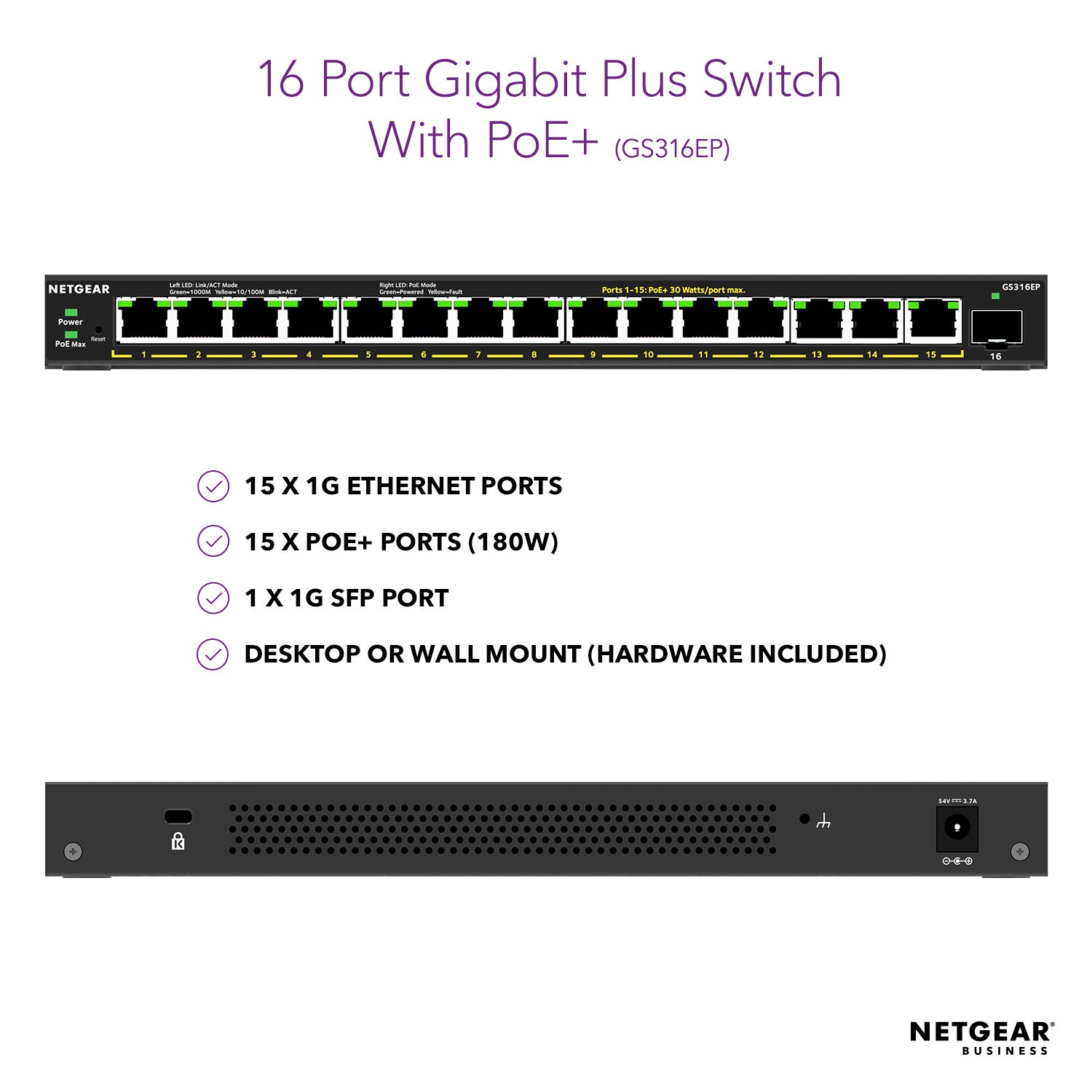 NETGEAR GS316EP 16-Port Gigabit PoE+ Managed Switch - 15 x PoE+ Ports @180W, 1 x 1G SFP, Desktop/Wall Mount | Ideal for Office Network, IP Camera System & Small Business Setup