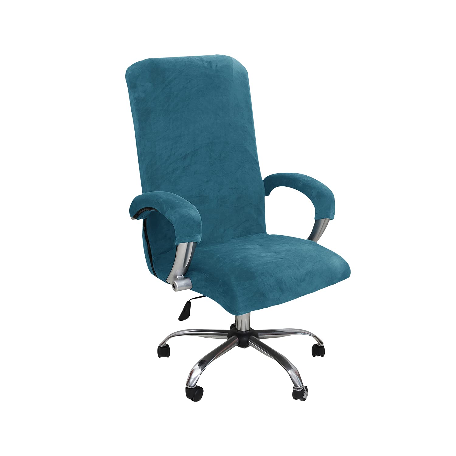 NILUOH Stretch Velvet Office Chair Cover with Armrest Covers - Universal Fit for Computer Desk, Boss Swivel & Gaming Chairs (Large, Peacock Blue) - Home Office & Workspace Decor Upgrade