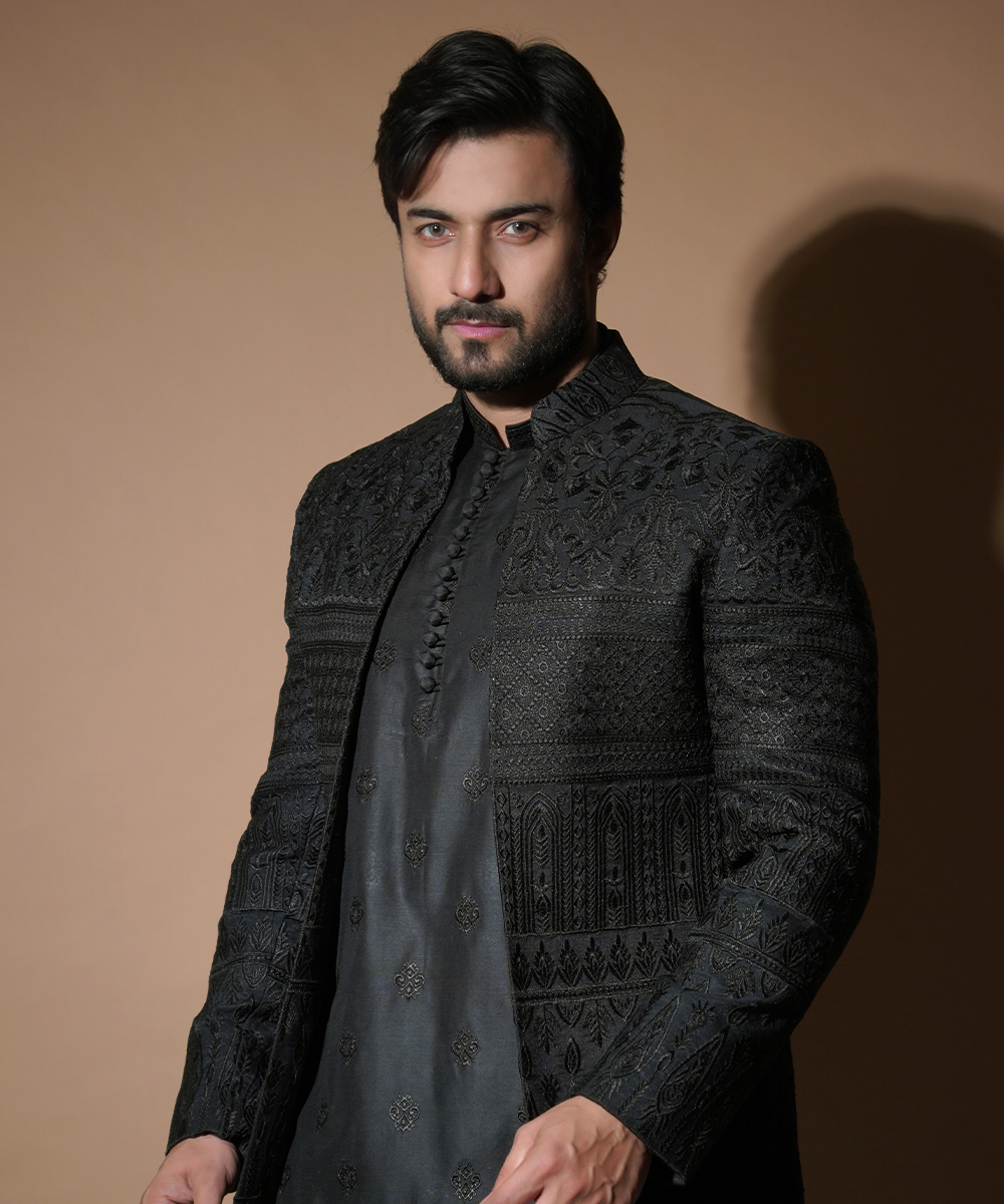 Black Raw Silk Prince Coat Set for Men - Elegant Formal Wear for Weddings, Parties & Special Occasions