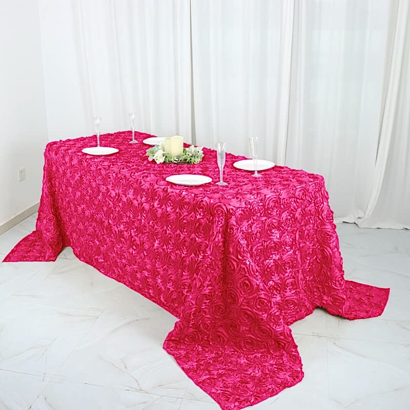 BalsaCircle 90x132 Inch Fuchsia Pink Satin Tablecloth with Raised Rosette Embroidery - Elegant Rectangle Table Cover for Wedding, Party, Banquet & Formal Dining Room Decor