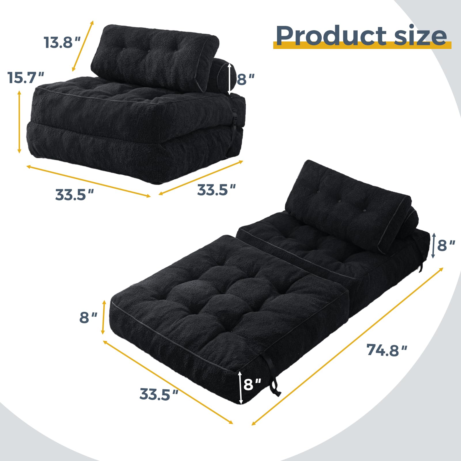 MAXYOYO Fuzzy Folding Sofa Bed - Convertible Sleeper Chair with Pillow & Foldable Mattress, Back Support for Living Room, Guest Room & Small Spaces (Black)