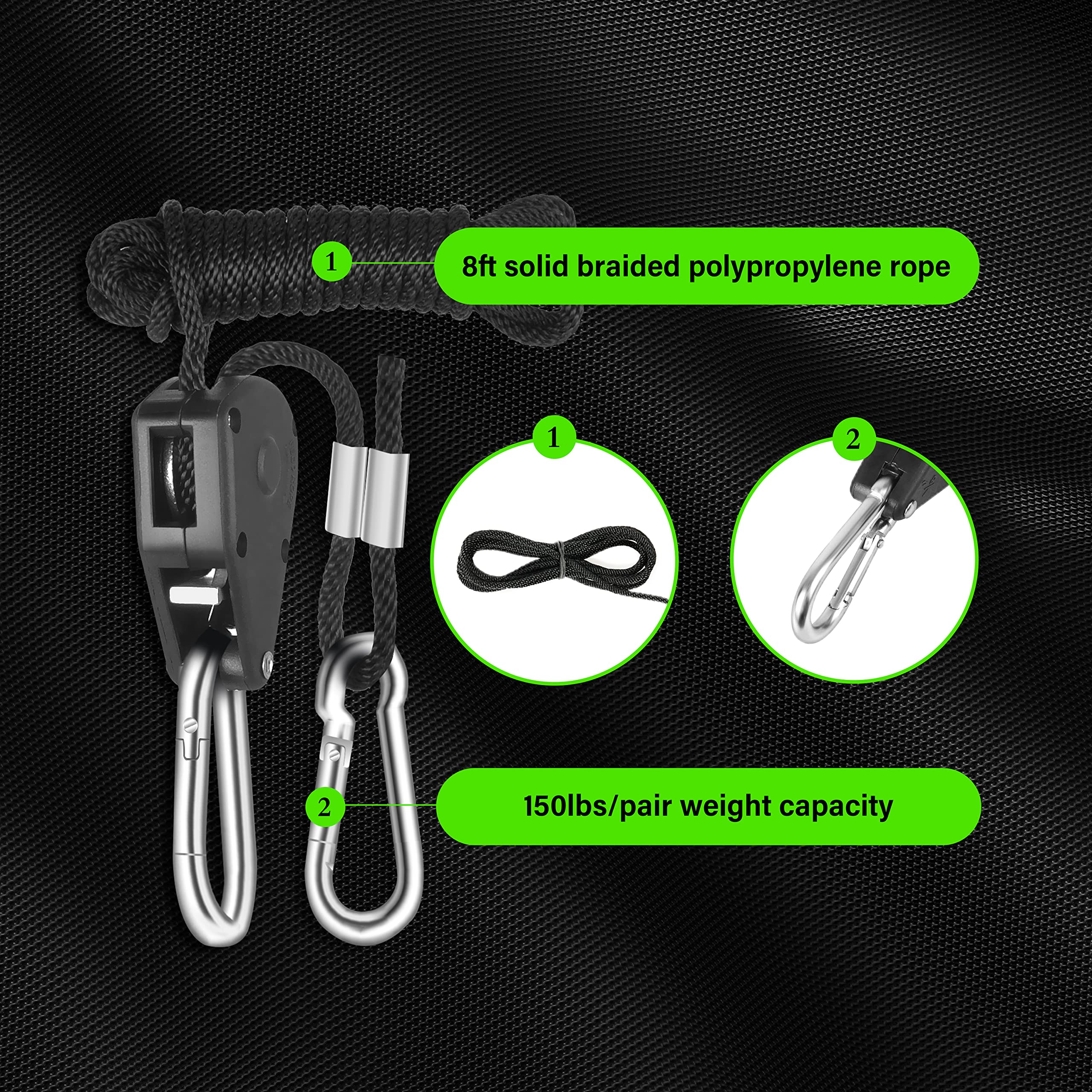 YSSOA 2-Pack 1/8 Inch Heavy Duty Adjustable Grow Light Hangers - 8ft Rope Hangers with 150lb Capacity for Indoor Hydroponics, Greenhouse & Garden Lighting Fixtures
