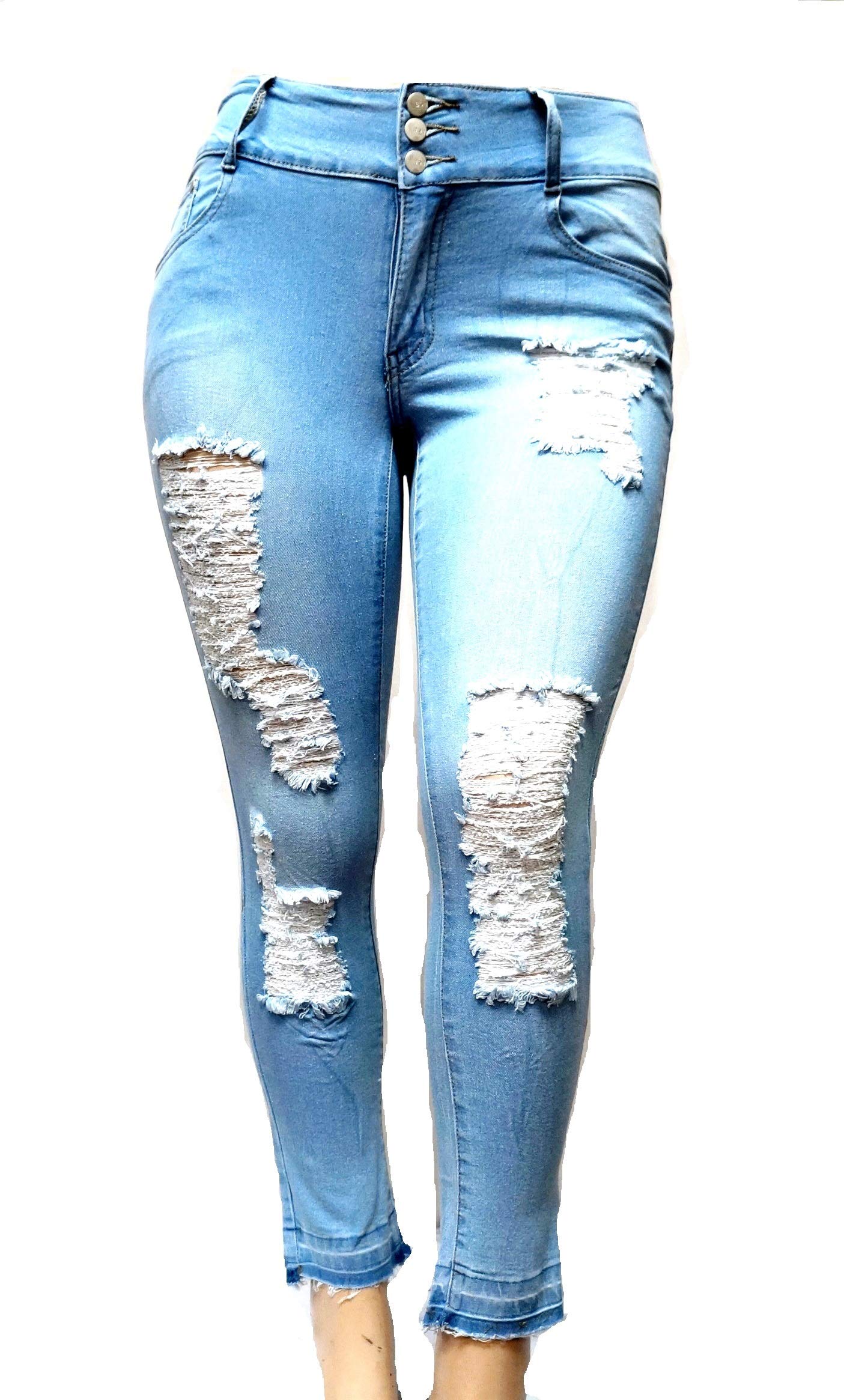 Jack David Women's Plus Size Stretch Distressed Ripped Blue Skinny Jeans - Comfortable High Waisted Denim Pants for Casual Wear & Everyday Outfits