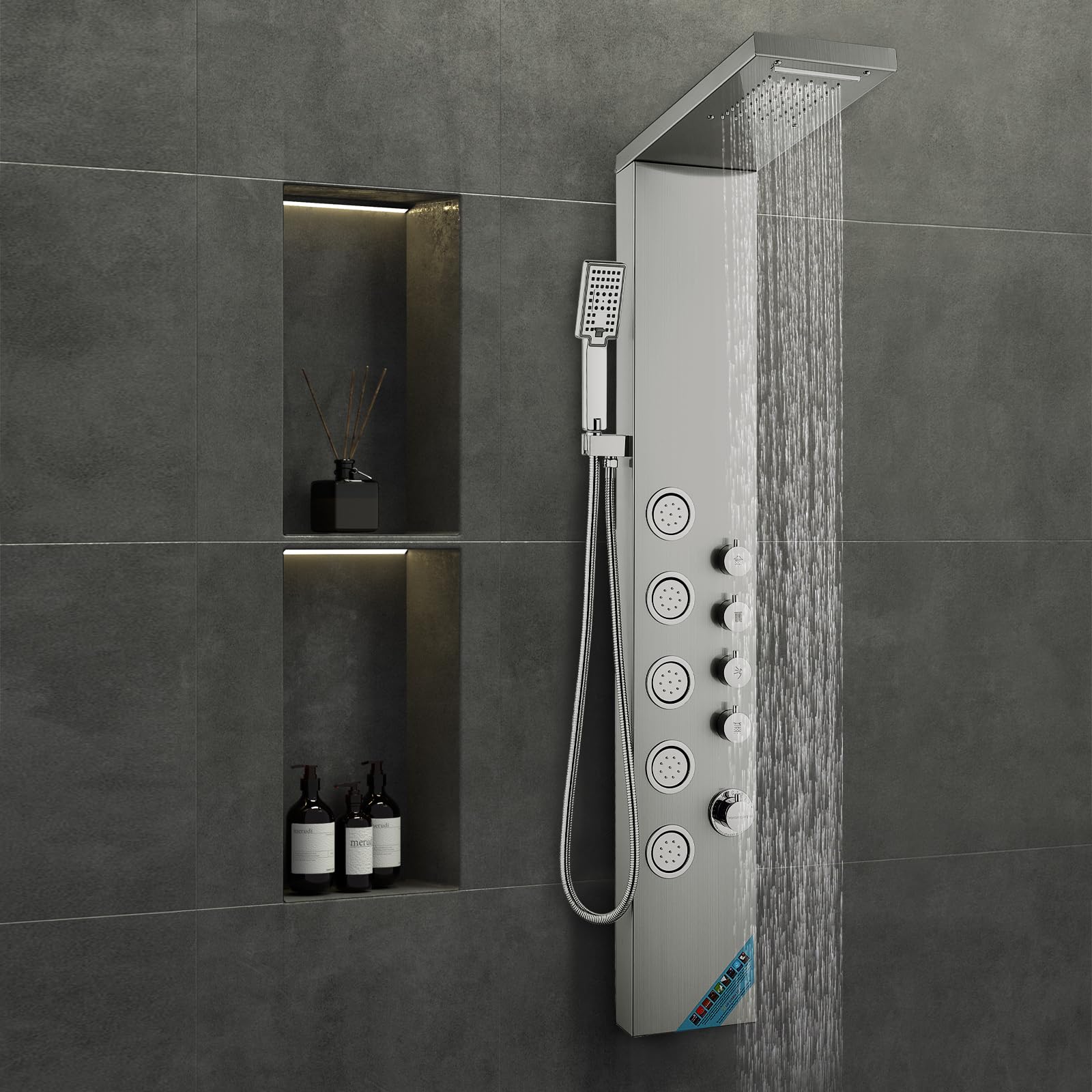 VEVOR Stainless Steel Shower Tower System - 4 Modes (Rainfall, Waterfall, Massage Jets) with 3-Setting Handheld Shower Head & 59